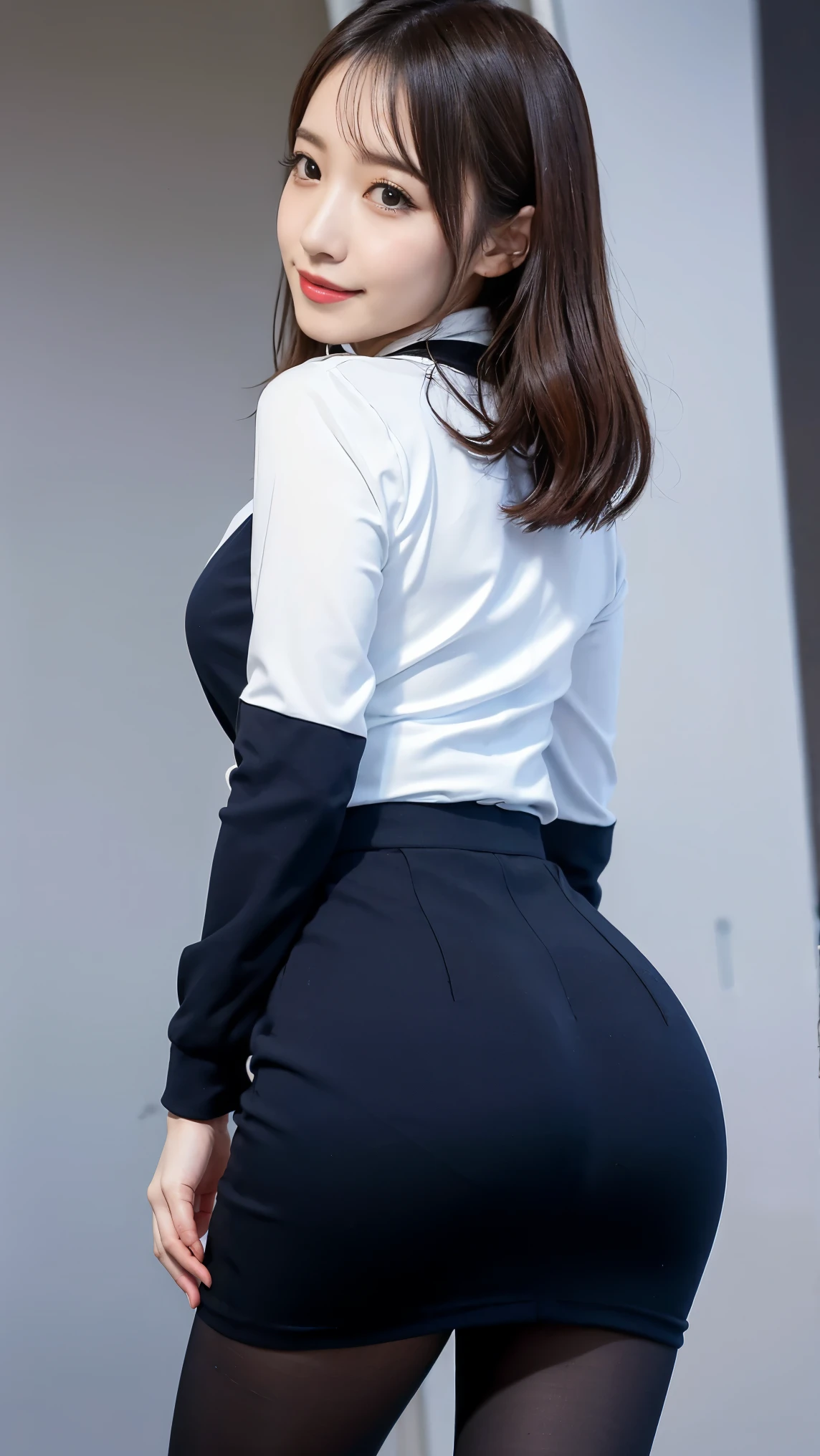 highest quality, masterpiece, 8K, ultra high resolution, (realistic: 1.4), 1 girl, beautiful face, eye of symmetry, big, perfect body proportions, stewardess uniform, (Inside the airplane: 1.2), Rear view,, (Absolute area:1.3)、Show the back thigh、navy blue tight skirt、big ass、Look back with a smile