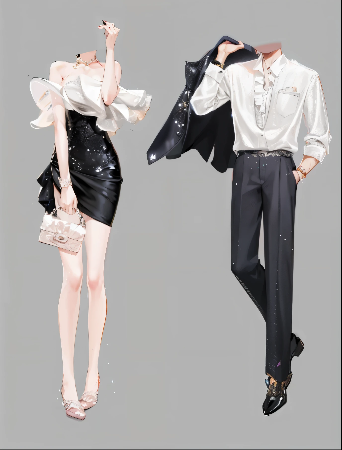 Anime style illustration，Man and woman in formal clothing, High fashion and elegance, fashion concept art, Dress up in dreamy formal attire, Elegant digital art, Costume design, Detailed fashion illustration, Elegant clothes, white and black clothes, luxury fashion illustration, Very detailed and rich costumes, Gorgeous clothes, luxury fashion, Wear long, flowing clothes