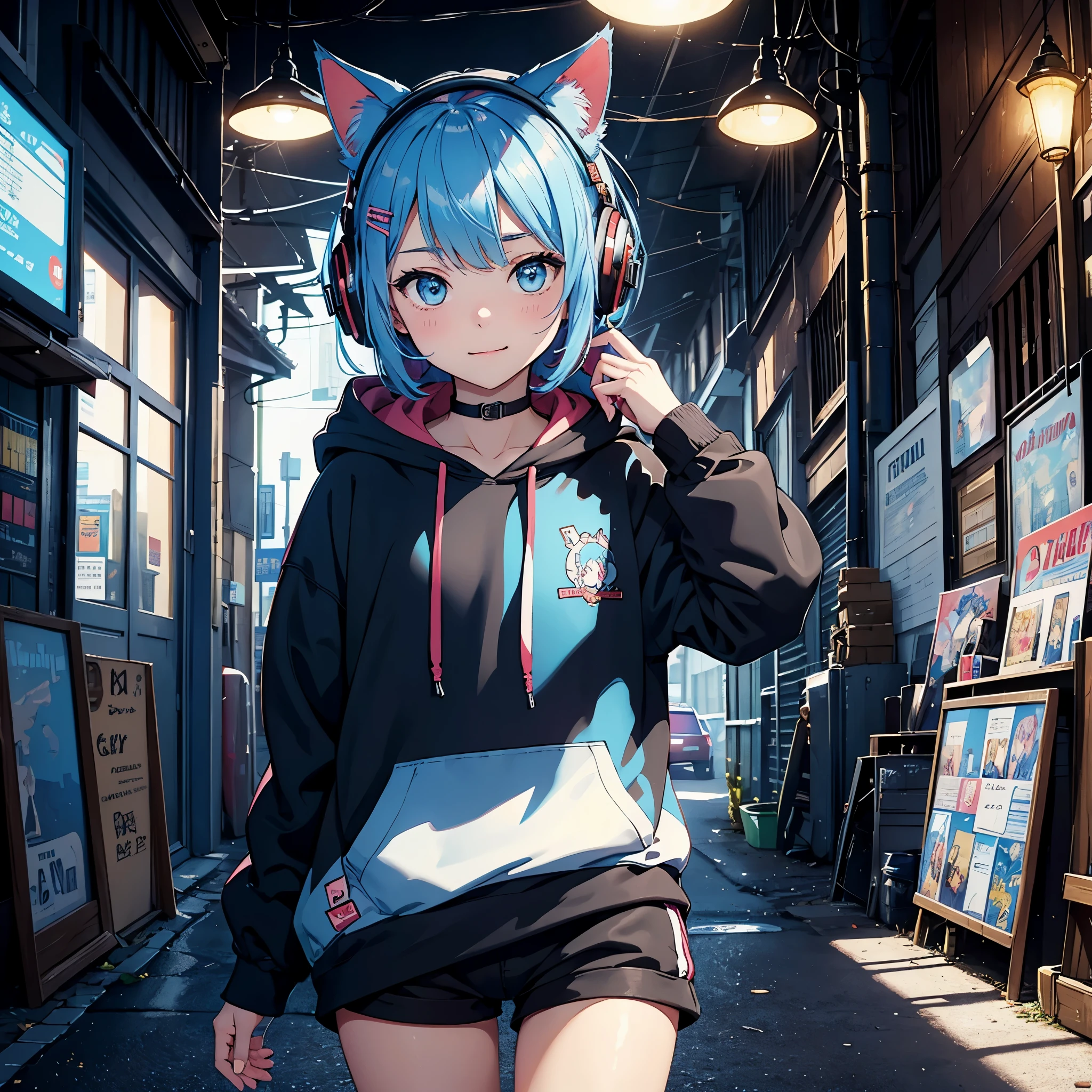 (masterpiece), (highest quality), (illustration), (super detailed), (high resolution), absurdity, one girl, smile, short hair, hair clip, (hoodie with cat ears), wearing a headphone, moe sleeves, blush, black shorts, (light blue haired), (tattoo of the number 02 on the left arm), very cute girl, small, young, delicate, Outdoors, attention to girls