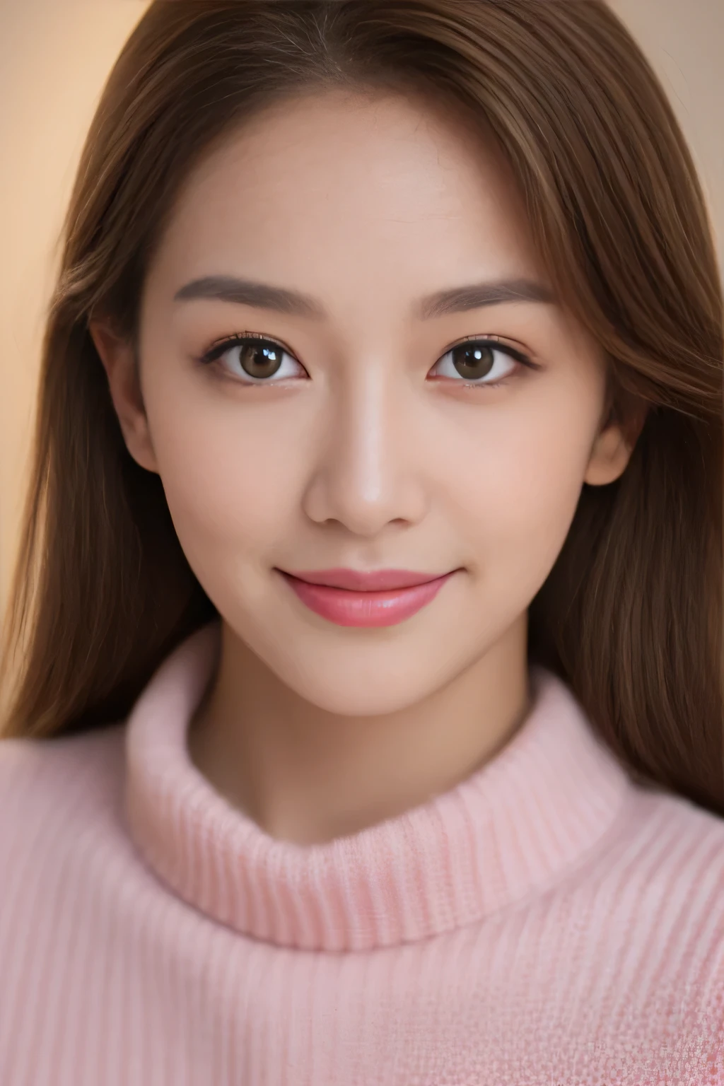 ((night, realistic light, highest quality, 8k, masterpiece: 1.3)), 1 girl, slim beauty: 1.4, abs: 1.1, (brown hair, medium breasts: 1.3), pink long sweater: 1.1, Bathroom, super detailed face, delicate eyes, double eyelid, smile, necklace