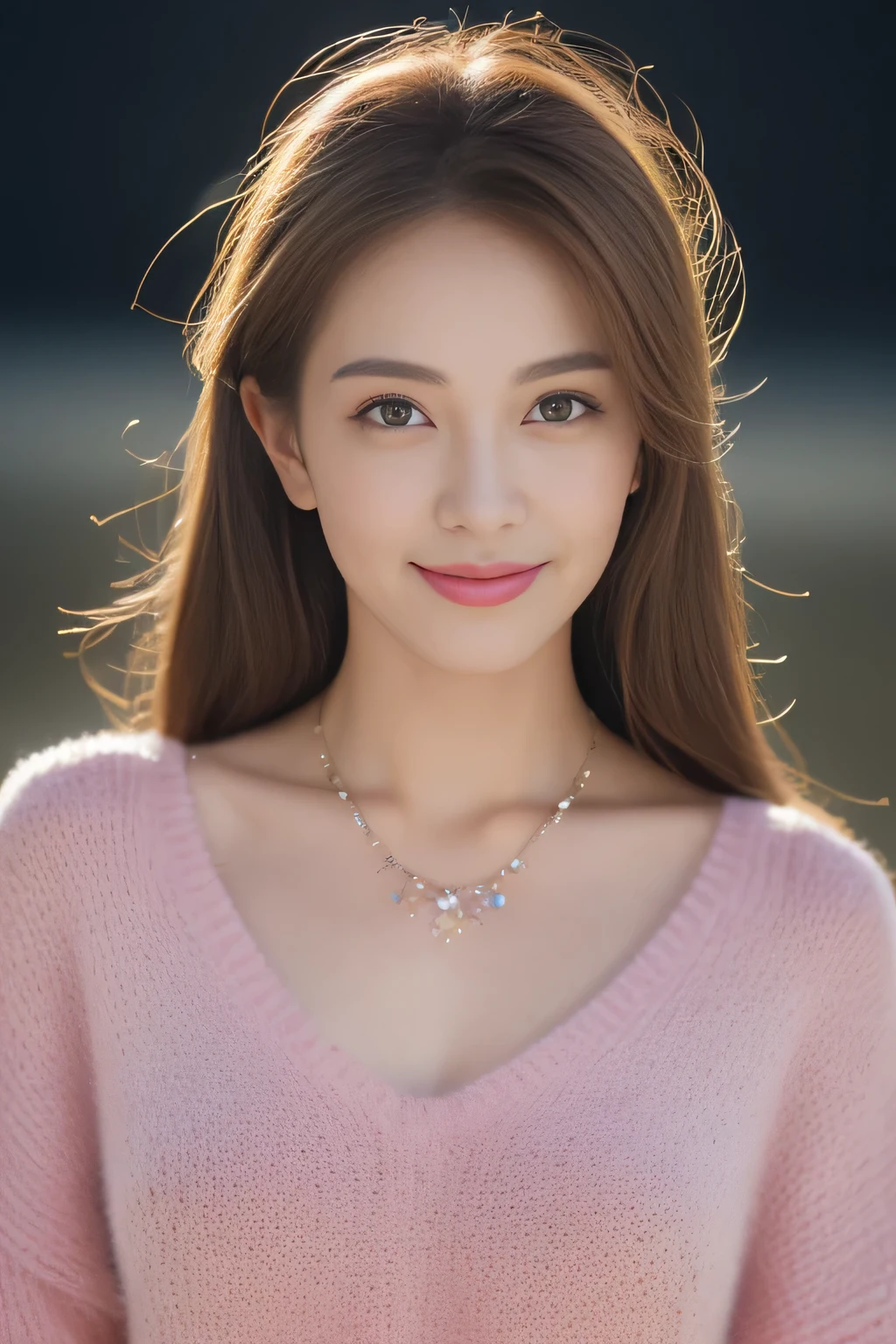 ((night, realistic light, highest quality, 8k, masterpiece: 1.3)), 1 girl, slim beauty: 1.4, abs: 1.1, (brown hair, medium breasts: 1.3), pink long sweater: 1.1, Bathroom, super detailed face, delicate eyes, double eyelid, smile, necklace