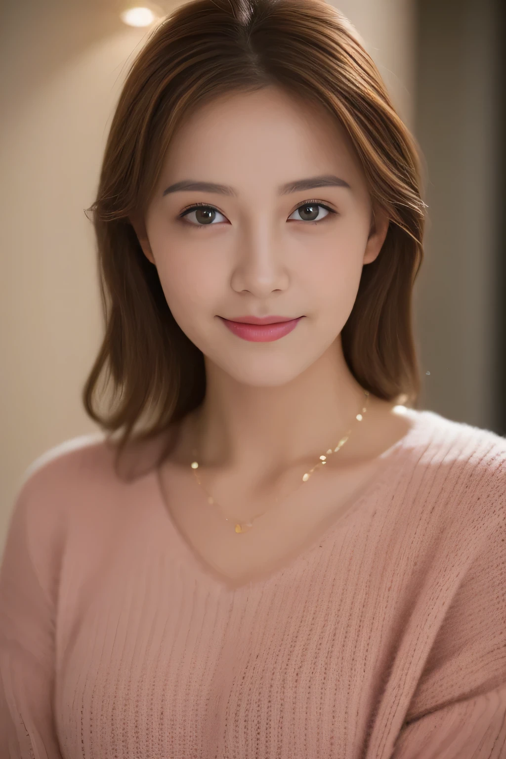 ((night, realistic light, highest quality, 8k, masterpiece: 1.3)), 1 girl, slim beauty: 1.4, abs: 1.1, (brown hair, medium breasts: 1.3), pink long sweater: 1.1, Bathroom, super detailed face, delicate eyes, double eyelid, smile, necklace