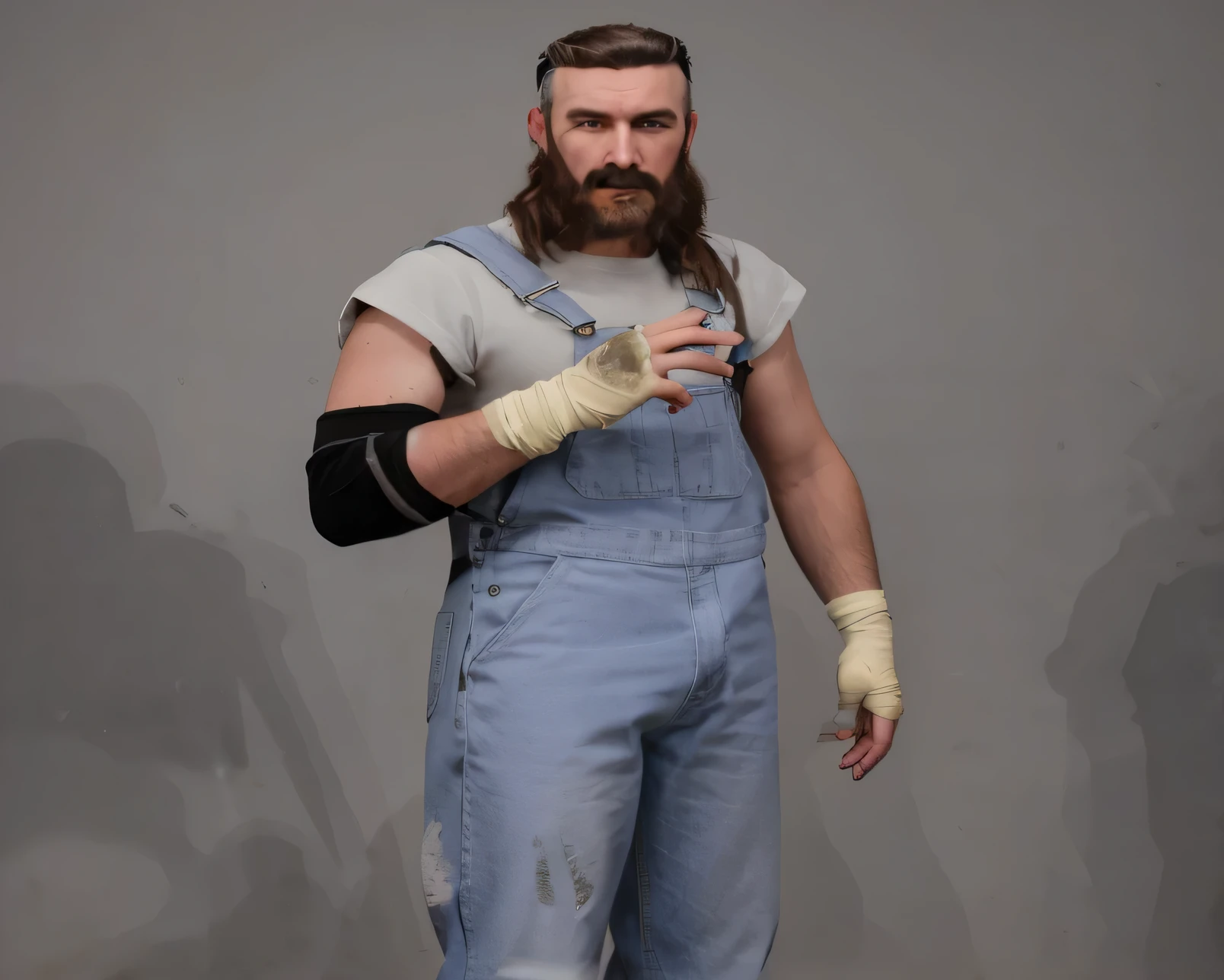 ((masterpiece, best quality)),there is a man with bushy sideburns and a mullet and a elbow pad on his arm, overalls and facial stubble, mechanic punk outfit, male with dirty off white shirt, inspired by David Begbie, wearing dirty overalls, inspired by Doc Hammer, blacksmith's outfit, male character, starving artist wearing greasy overalls, highly detailed character, artist wearing overalls,, photo realistic, intricate details