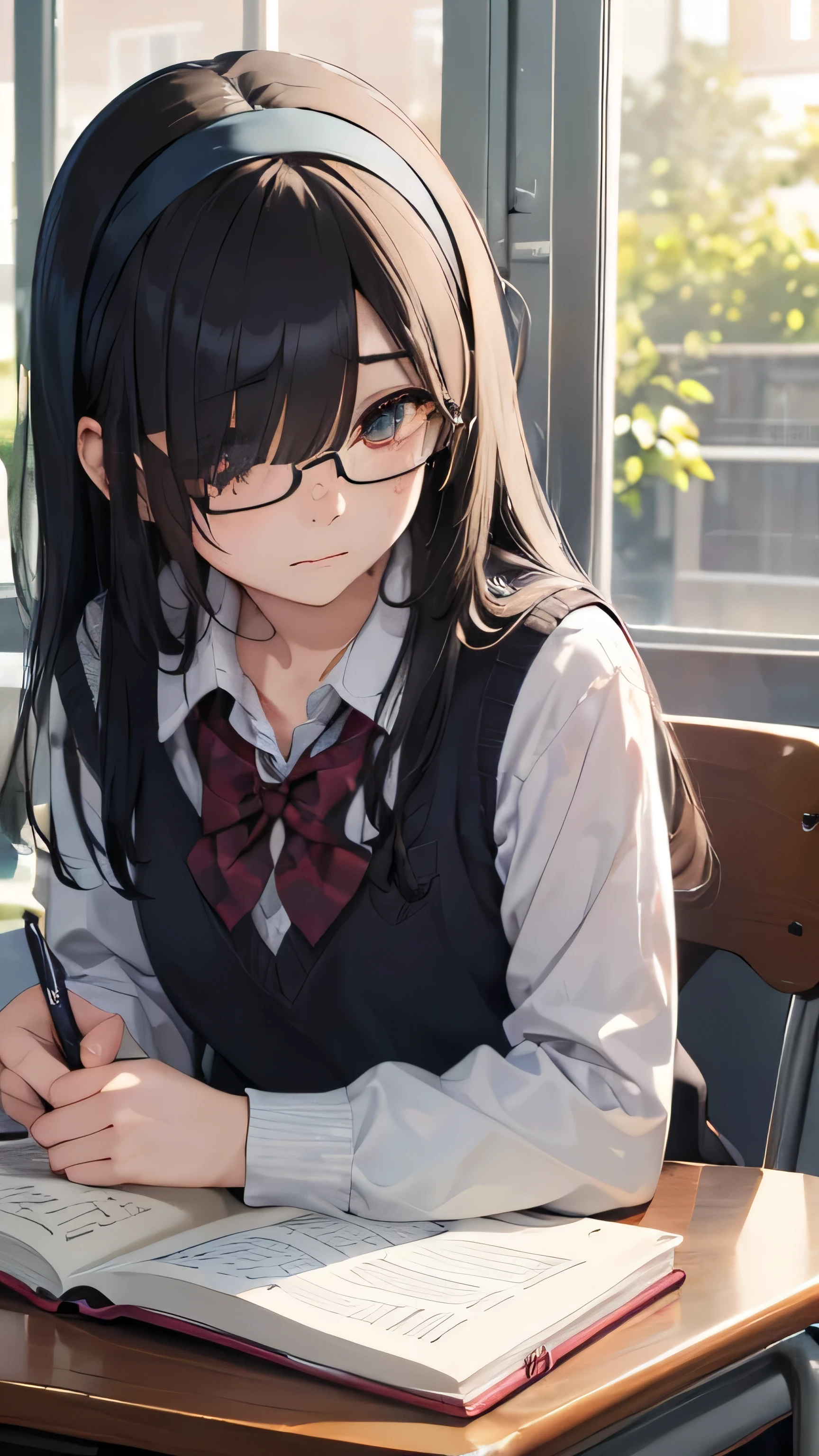 ((((School、During class、classroom)))、、 girls、((((((sitting on a chair and taking a class、I have a pen、Notebooks and textbooks、)))))(((serious face、Looking ahead、slender body)))、、low length、((((((Eyes hidden by long bangs:1.2))))))、((([(freckles、long black hair:1.2　hair band))))(((( black rim glasses:1.2　black eye)))、Side view、,official art、High resolution、hyper detail、[angle from below:0.7]Upper body