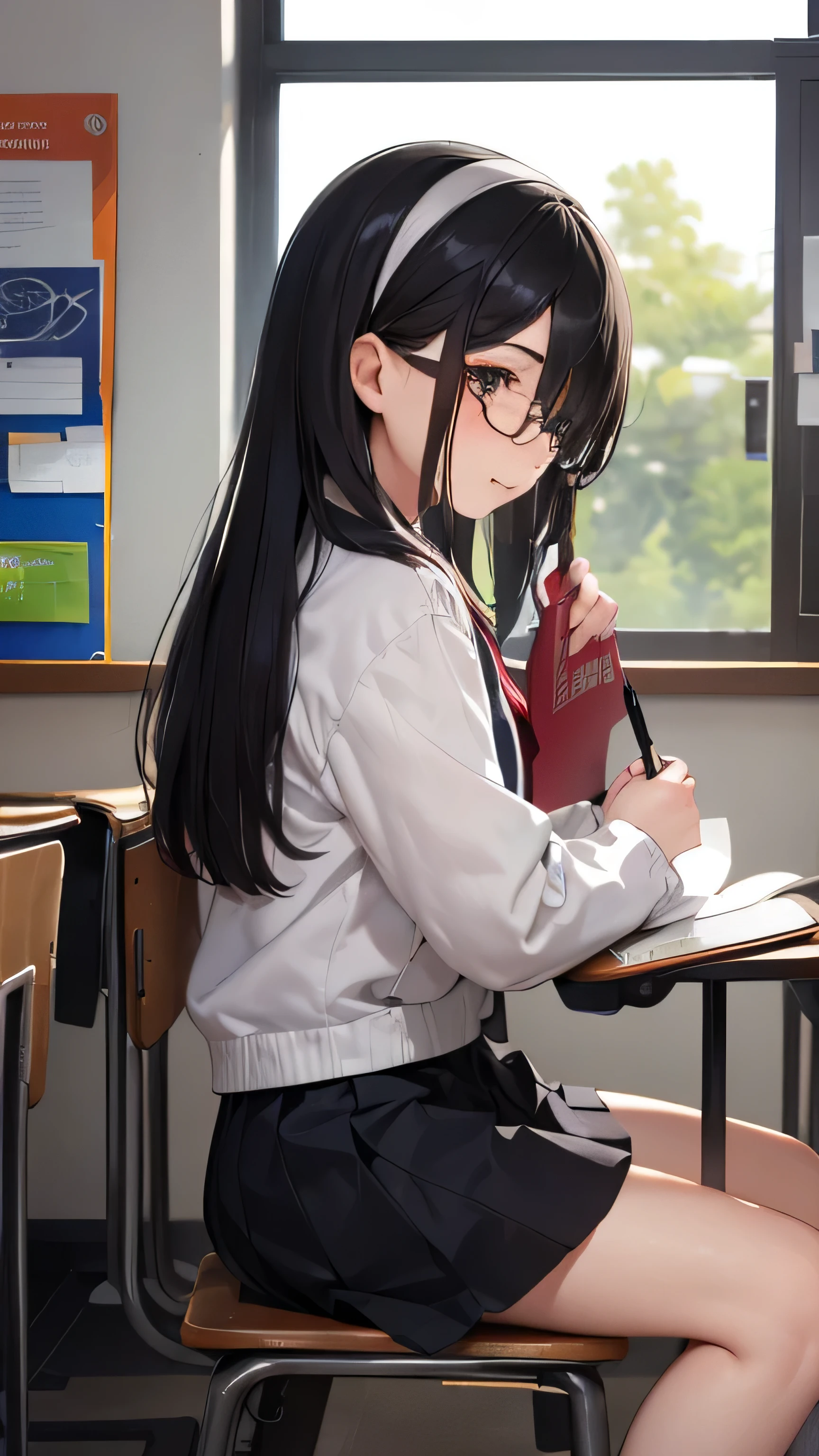 ((((School、During class、classroom)))、、middle School girls、((((((sitting on a chair and taking a class、I have a pen、Notebooks and textbooks、)))))(((serious face、Looking ahead、slender body)))、、low length、((((((Eyes hidden by long bangs:1.2))))))、((([(freckles、long black hair:1.2 hair band))))(((((black rim glasses:1.2 black eye)))))、locker、looking here、Side view、whole body,official art、High resolution、hyper detail、Side view