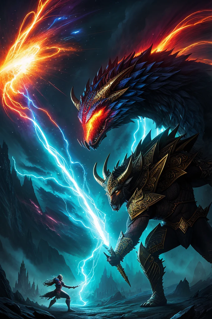 A hero from another world, mythical creatures, epic battle scene, dazzling magic effects, intricate armor design, intense energy aura, majestic scenery, vibrant colors, dramatic lighting, high-res illustration, detailed character features, dynamic action poses, mysterious atmosphere, fantasy art style