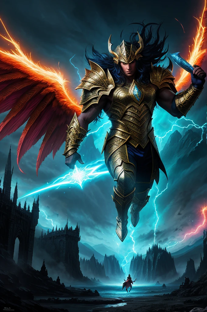 A hero from another world, mythical creatures, epic battle scene, dazzling magic effects, intricate armor design, intense energy aura, majestic scenery, vibrant colors, dramatic lighting, high-res illustration, detailed character features, dynamic action poses, mysterious atmosphere, fantasy art style