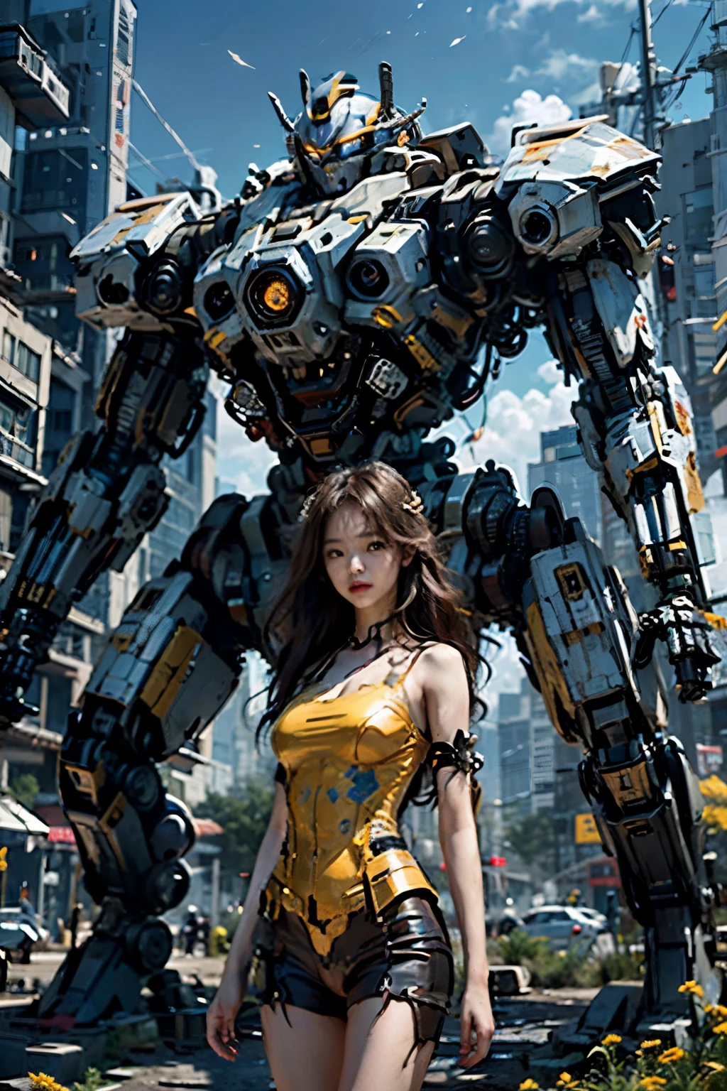 In the dimming light of the sinking meteor sun, casting an eerie glow on the cityscape, a captivating and enigmatic figure emerged amidst a treacherous minefield. Standing tall in the midst of danger, she was a mesmerizing blend of Japanese and Javanese heritage, infused with the grace and sophistication of a Canadian-Bangladeshi Android 8.0. Clad in a sleek and formidable mecha robot suit, its vibrant blue and yellow hues provided a striking contrast against the grim surroundings, where the stains of blood painted a haunting picture. Her luscious, wavy hair, a fusion of fiery strands that seemed to dance in the smoky breeze, framed her face like a natural work of art. With her
