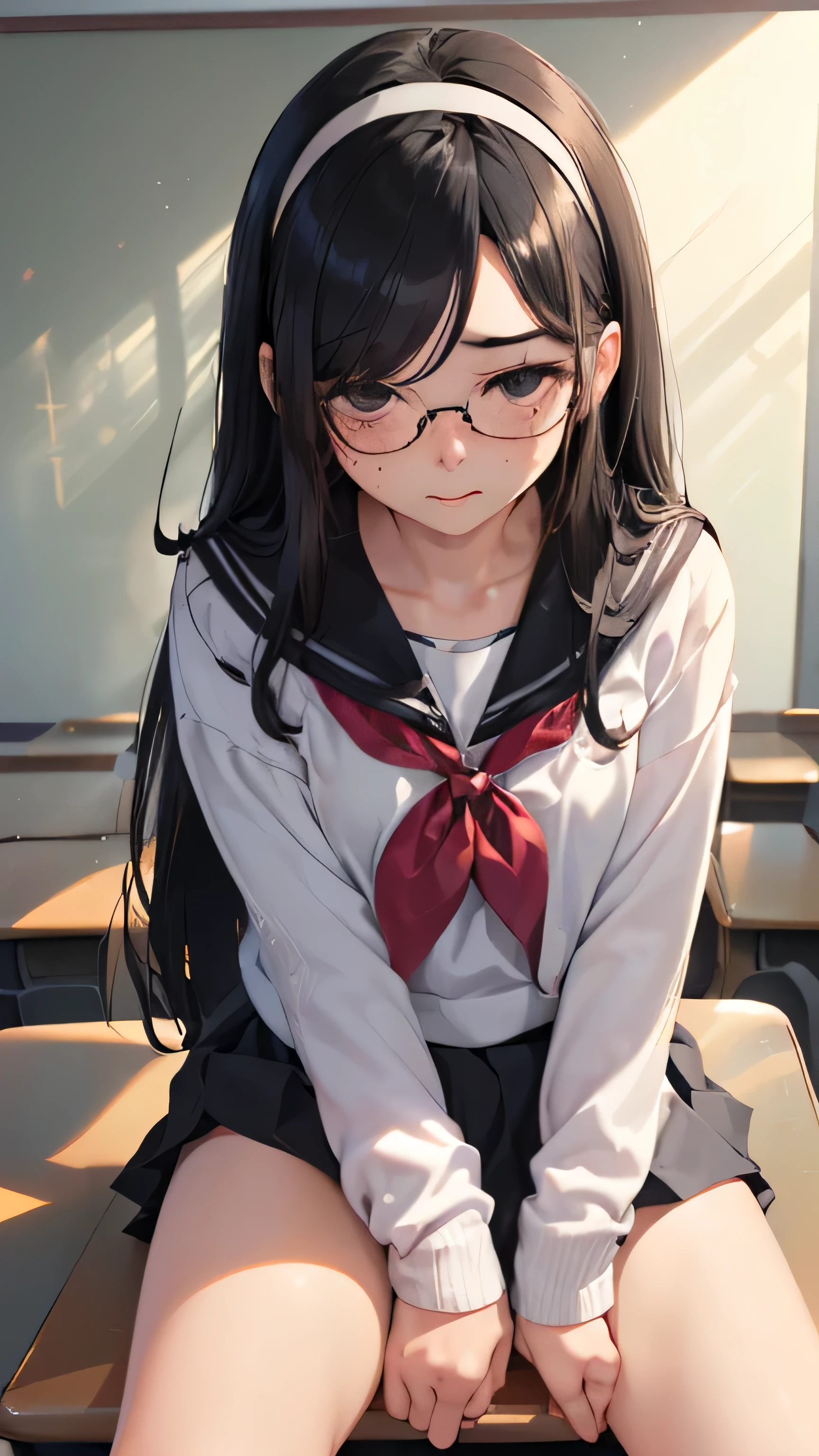 ((((School、evening、an empty classroom)))、、middle School girls、sailor suit、wear a skirt、(Put your crotch on the corner of the desk、Spanning desks)(((blush:1.2、embarrassing、expression of ecstasy、Feels good、climax、ecstasy、slender body)))、low length、((((((Eyes hidden by long bangs:1.2))))))、((((freckles、long black hair:1.2 hair band))))(((((black rim glasses:1.2 black eye)))))、looking here、cowboy shot,official art、High resolution、hyper detail、