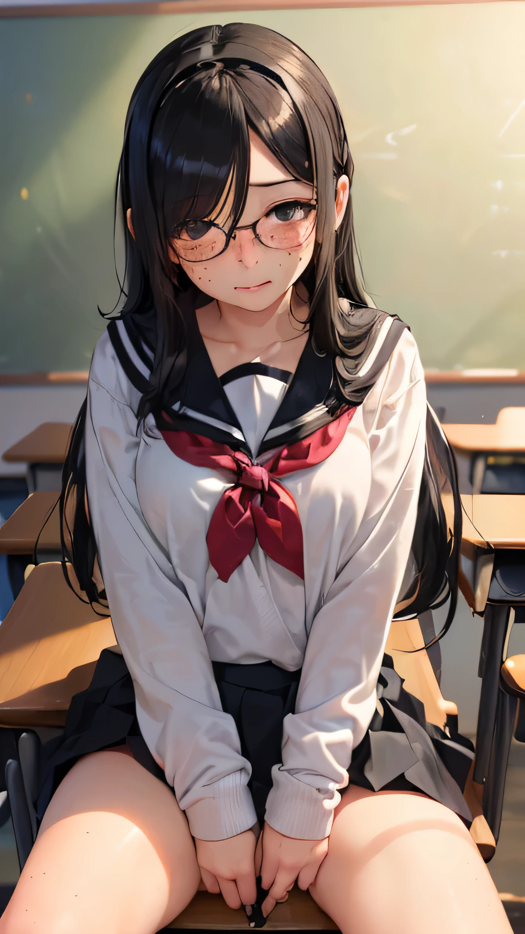 ((((School、evening、an empty classroom)))、、middle School girls、sailor suit、wear a skirt、(Put your crotch on the corner of the desk、Spanning desks)（((blush:1.2、embarrassing、expression of ecstasy、Feels good、climax:1.1、???????:1.1、slender body)))、low length、((((((Eyes hidden by long bangs:1.2))))))、((((freckles、long black hair:1.2　hair band))))(((((black rim glasses:1.2　black eye)))))、looking here、cowboy shot,official art、High resolution、hyper detail、(((A girl trembling at sexual climax)))