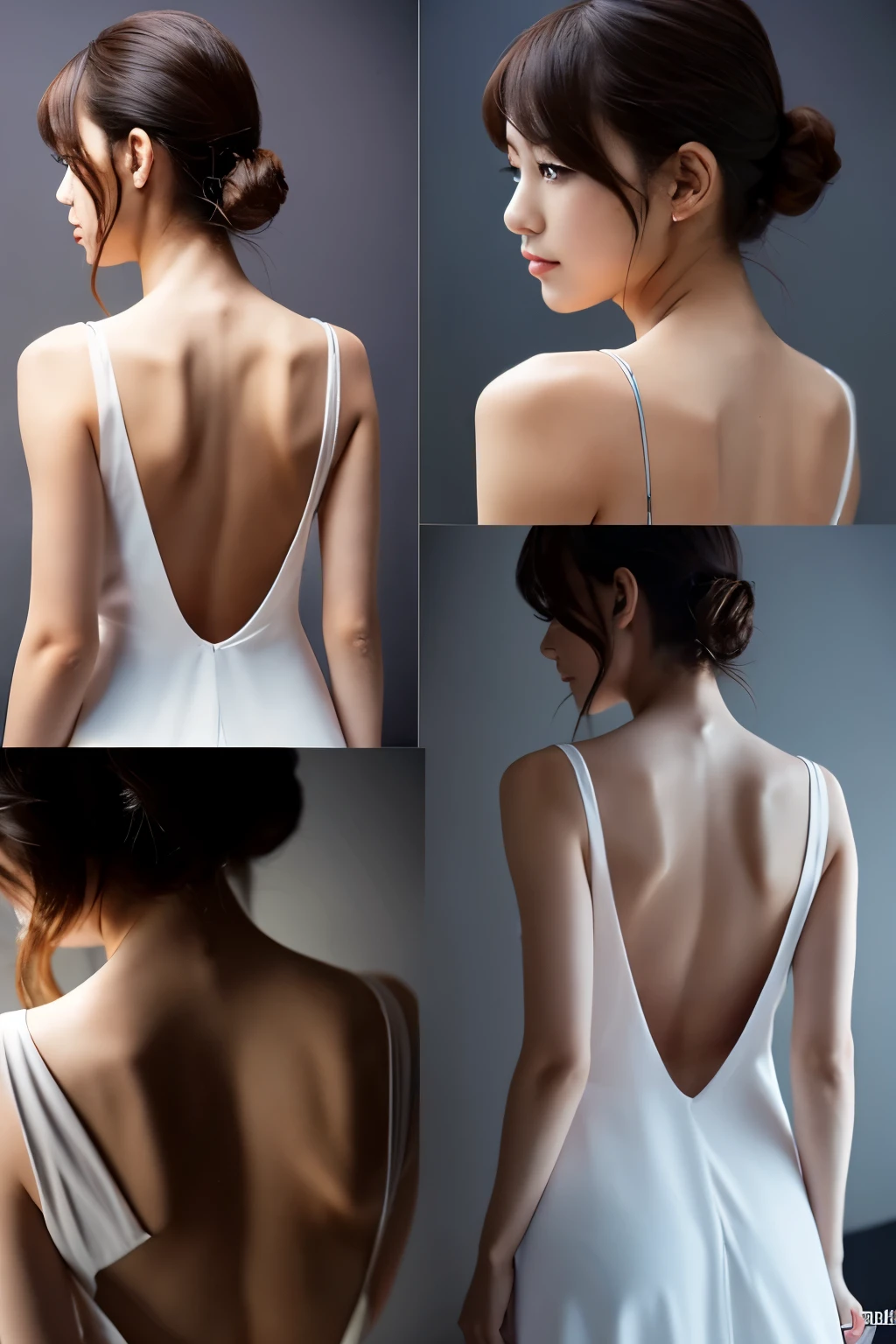 (Highest image quality)、ultra-realistic capture、Woman showing her back、open back dress、(back view)、dramatic lighting、detailed skin、shoot from behind