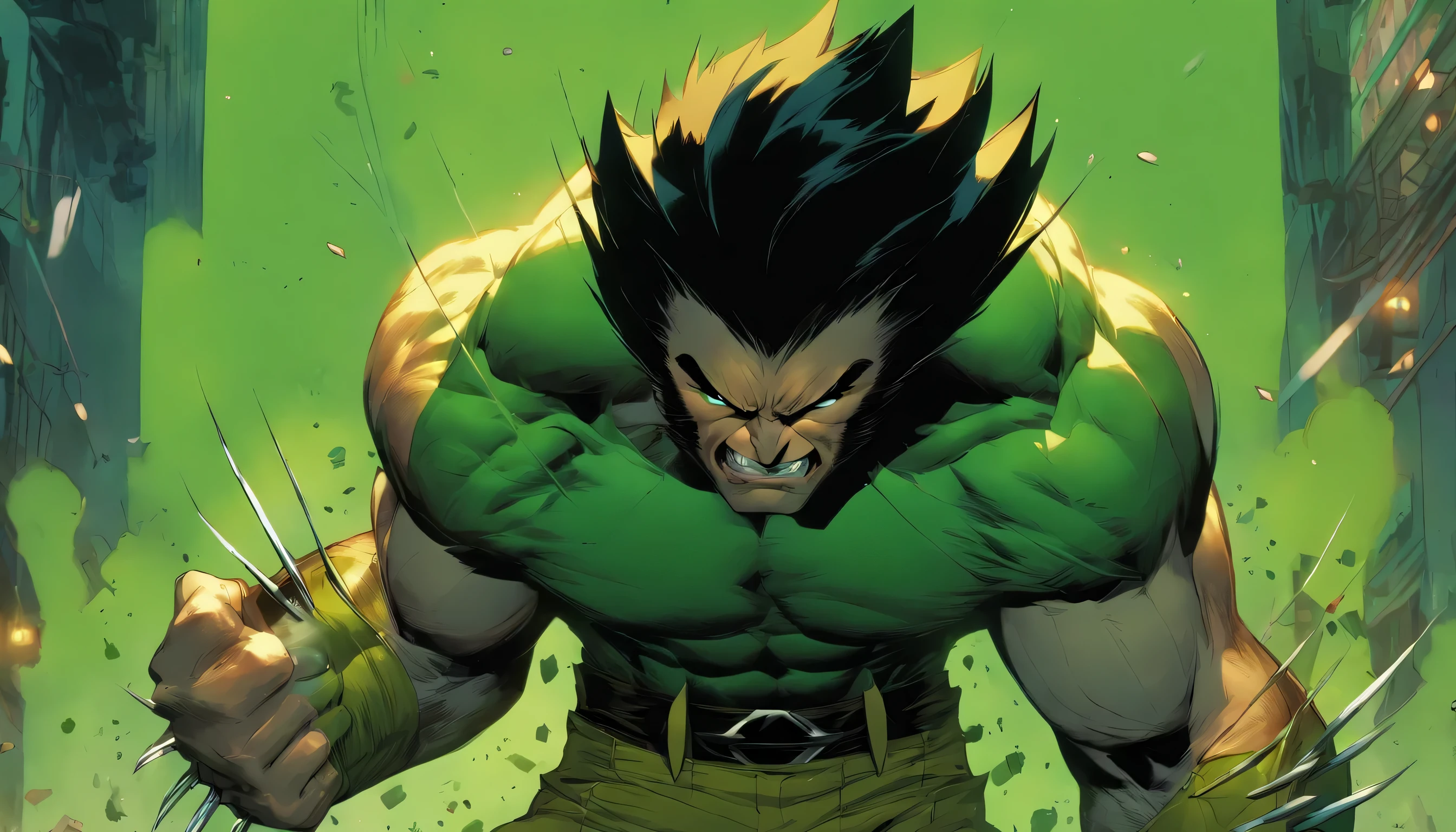 wolverine but have green skin color and muscular body like hulk, standing pose, full-body illustration