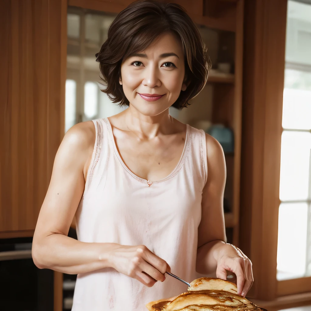 "A beautiful Japanese woman in her 50s with a short cut is baking pancakes.."Tank top,Photoreal, high contrast, 8K HD, be familiar with, realistic skin texture, highest quality, ultra high resolution,very politely