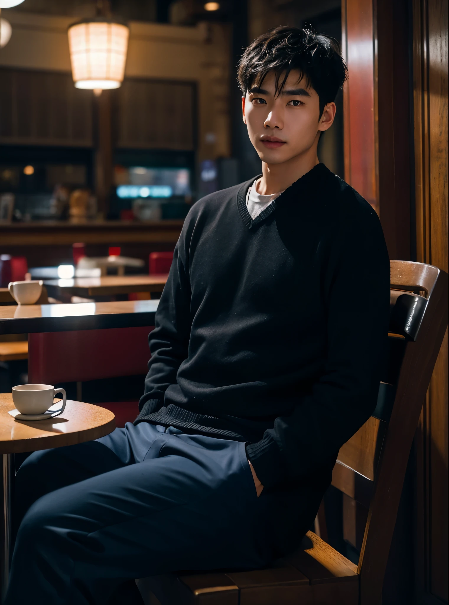 RAW photo, portrait of an asian man,Travel abroad、sitting in a cafe in paris
