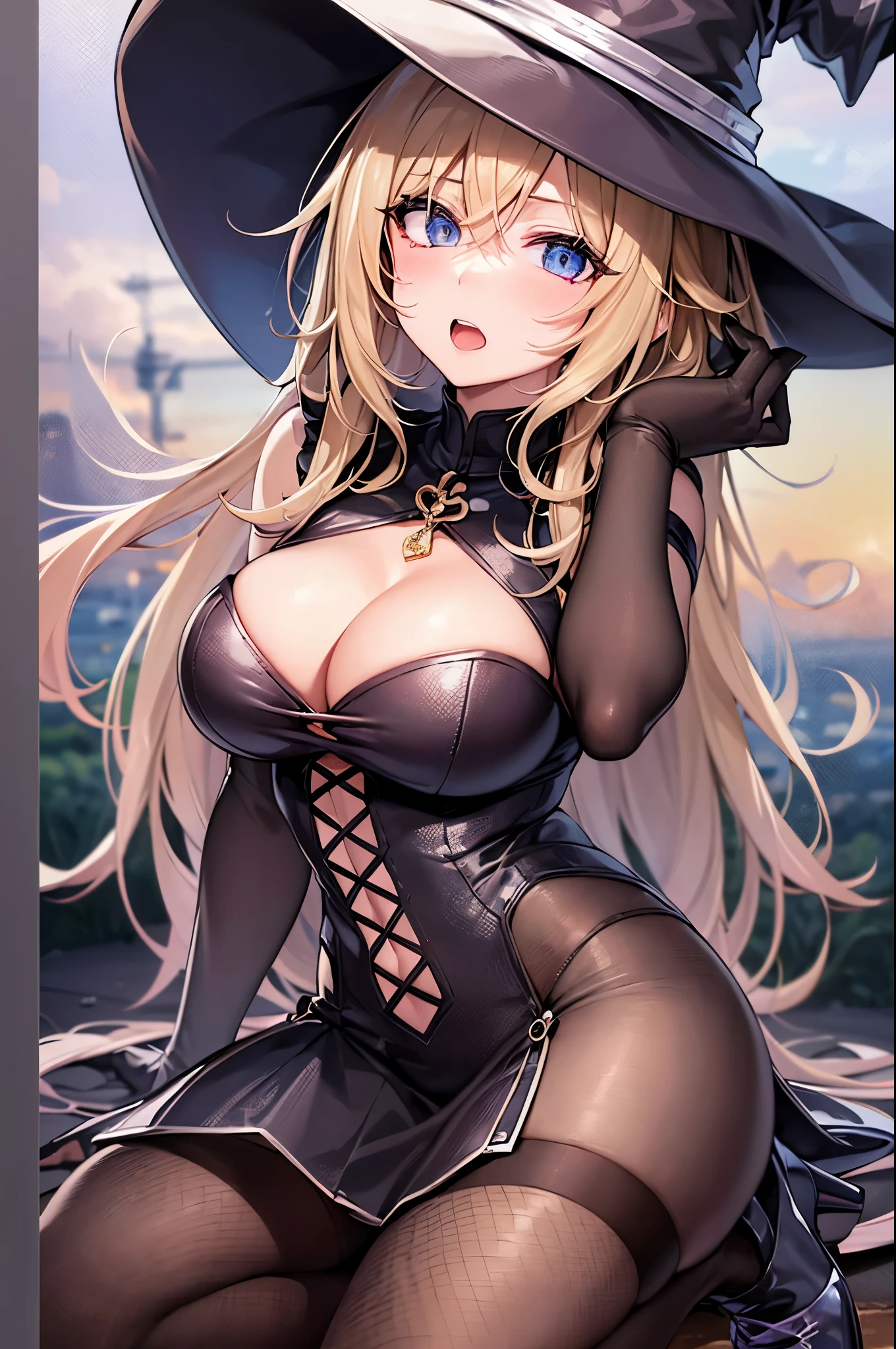1 anime girl, ow2 mercy face, creame blonde hair, elegant straight hair, cute sexy witch hat, ((hair covering right eye)), (hair bangs over eye), ice blue eyes, (makeup and eyeliner), blushing, screaming terrified face, scared looked on her face, moaning mouth, (medium breasts), ((medium to large cleavage)), cute sexy sleeveless witch tunic, cute black pleated mini skirt, white school thigh highs, elegant white thigh highs, witch high heel shoes, scared posture, holding herself tight from fear, grass plains background, lake nearby, full body fan art.
[[High quality]]
[[Best fan art]]
[[Sexy anime]]
[[Hot anime fan art]]