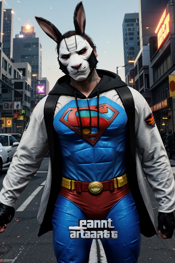 In the world of Grand Theft Auto, a apex thug with a bunny mask and superman costume wields 2 bazookas. He has 5 stars flashing above him in a burning video game city