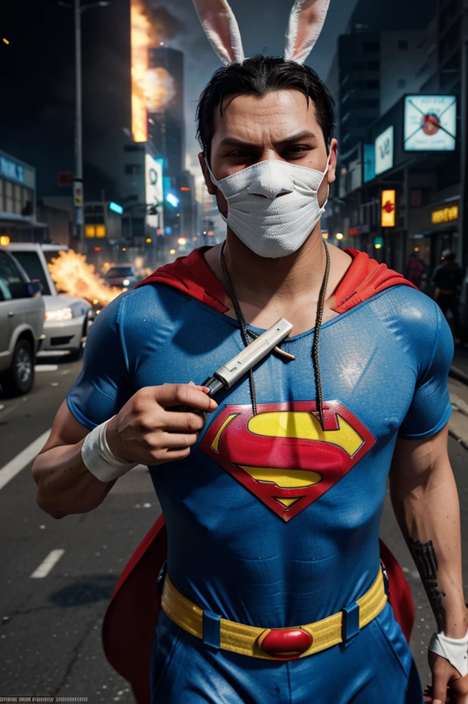 In the world of Grand Theft Auto, a apex thug with a bunny mask and superman costume wields 2 bazookas. He has 5 stars flashing above him in a burning video game city