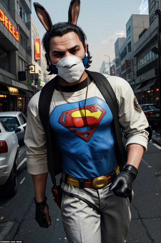 In the world of Grand Theft Auto, a apex thug with a bunny mask and superman costume wields 2 bazookas. He has 5 stars flashing above him in a burning video game city