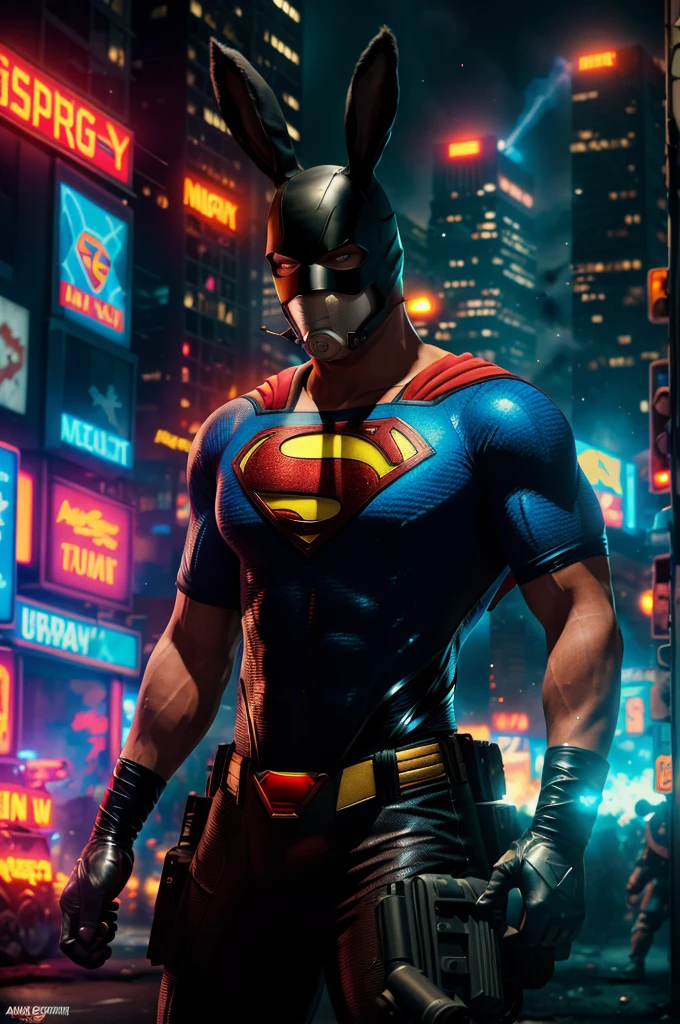 (best quality,highres),apex thug wearing a bunny mask and superman costume,2 bazookas,5 stars flashing above him,video game burning city,night view,gritty and realistic,explosions and smoke,city skyline,flickering neon lights,dynamic action,street chaos in the background,vibrant colors,comic book style