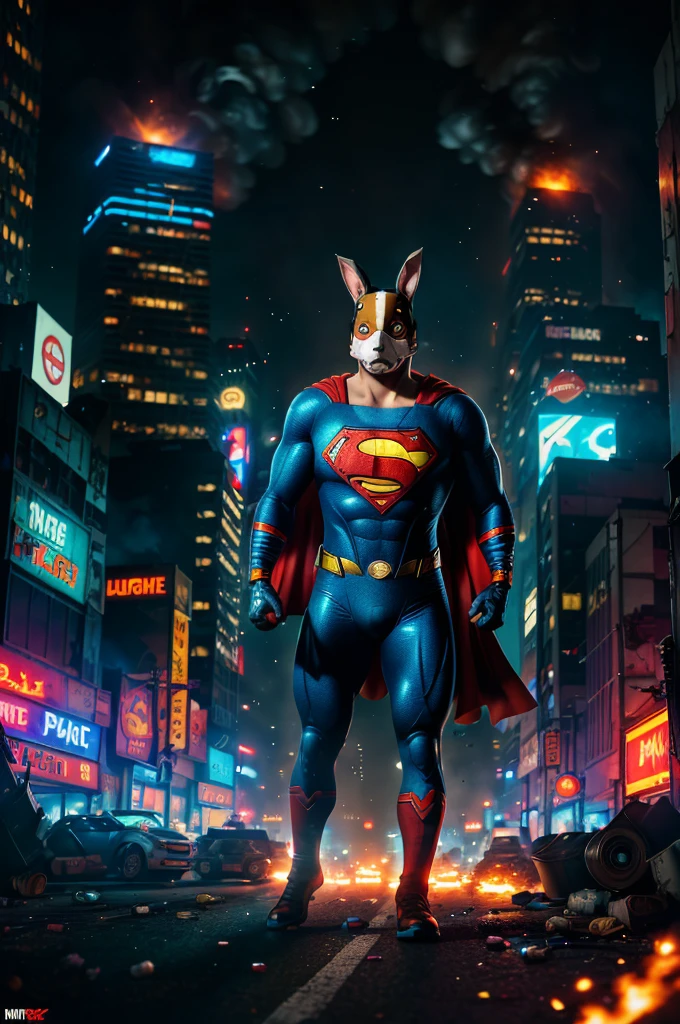 (best quality,highres),apex thug wearing a bunny mask and superman costume,2 bazookas,5 stars flashing above him,video game burning city,night view,gritty and realistic,explosions and smoke,city skyline,flickering neon lights,dynamic action,street chaos in the background,vibrant colors,comic book style