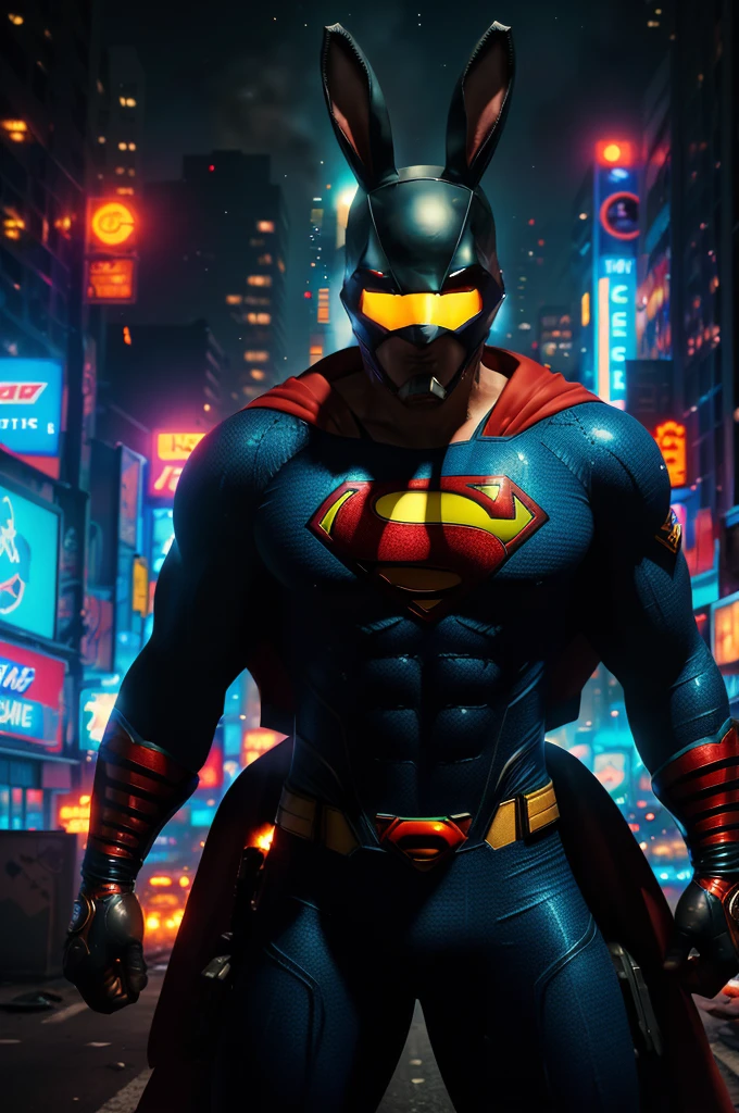 (best quality,highres),apex thug wearing a bunny mask and superman costume,2 bazookas,5 stars flashing above him,video game burning city,night view,gritty and realistic,explosions and smoke,city skyline,flickering neon lights,dynamic action,street chaos in the background,vibrant colors,comic book style