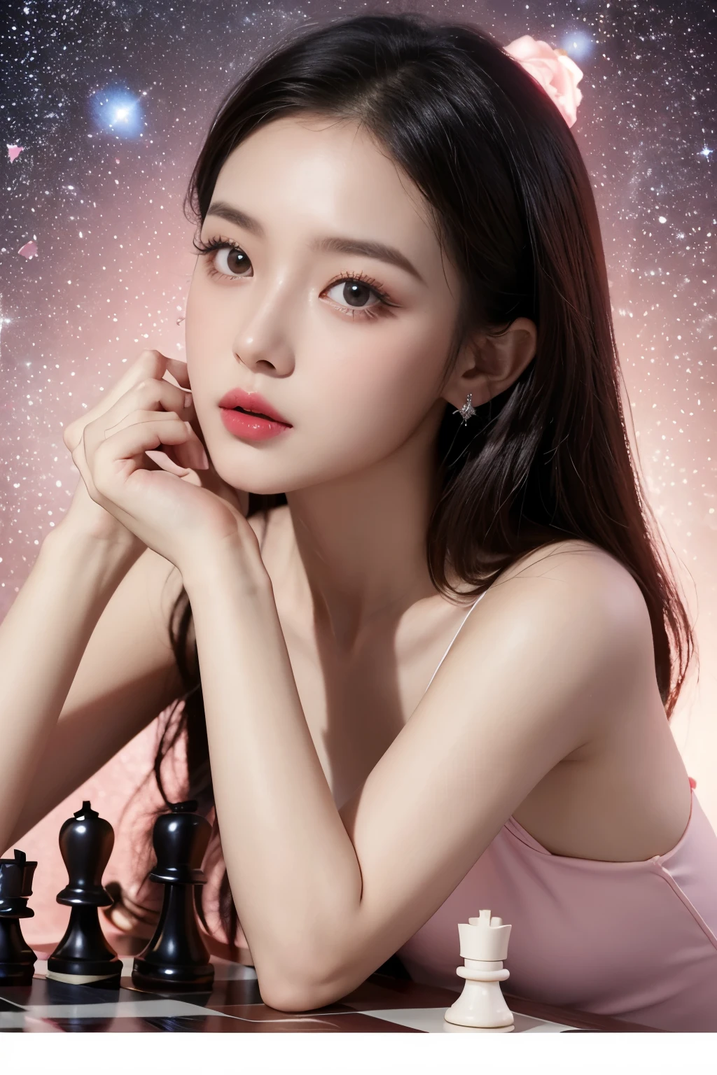 Product photography,surreal photography,Chinese lipstick,light pink and rose red,Exquisite checkerboard details,to chess、diamond、A scene with the starry sky as the main element,Embellished with rose pink、starlight,The background is a makeup scene
