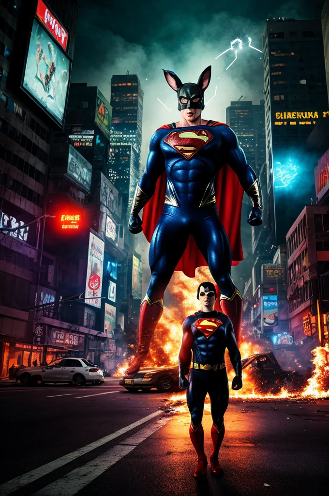 (best quality,highres),apex thug wearing a bunny mask and superman costume,2 bazookas,5 stars flashing above him,video game burning city,night view,gritty and realistic,explosions and smoke,city skyline,flickering neon lights,dynamic action,street chaos in the background,vibrant colors,comic book style