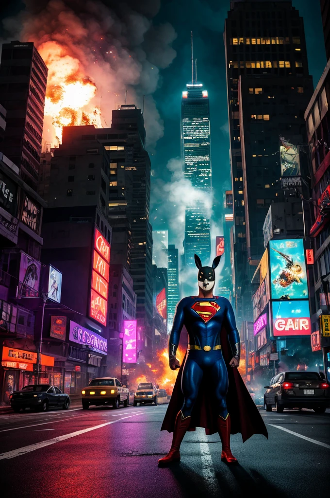 (best quality,highres),apex thug wearing a bunny mask and superman costume,2 bazookas,5 stars flashing above him,video game burning city,night view,gritty and realistic,explosions and smoke,city skyline,flickering neon lights,dynamic action,street chaos in the background,vibrant colors,comic book style