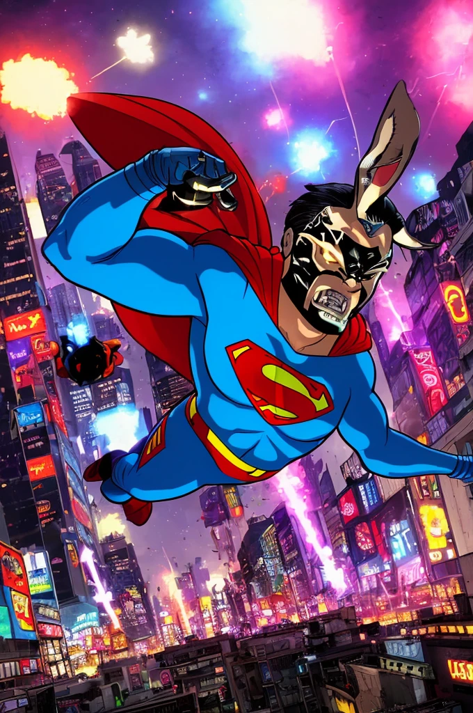 (best quality,highres),apex thug wearing a bunny mask and superman costume,2 bazookas,5 stars flashing above him,video game burning city,night view,gritty and realistic,explosions and smoke,city skyline,flickering neon lights,dynamic action,street chaos in the background,vibrant colors,comic book style