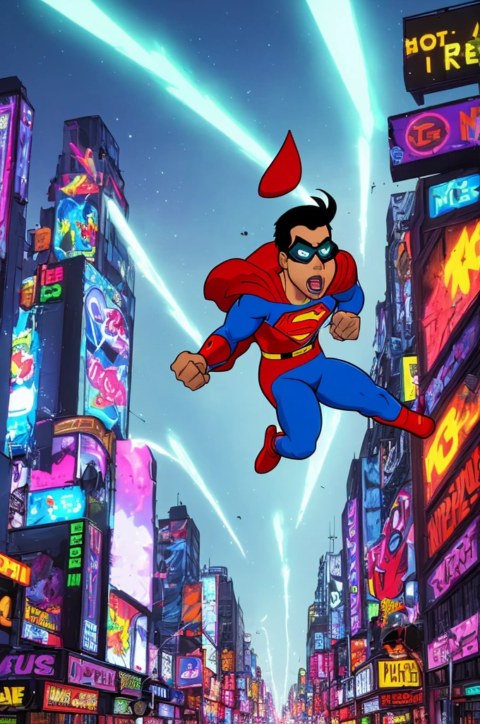 (best quality,highres),apex thug wearing a bunny mask and superman costume,2 bazookas,5 stars flashing above him,video game burning city,night view,gritty and realistic,explosions and smoke,city skyline,flickering neon lights,dynamic action,street chaos in the background,vibrant colors,comic book style