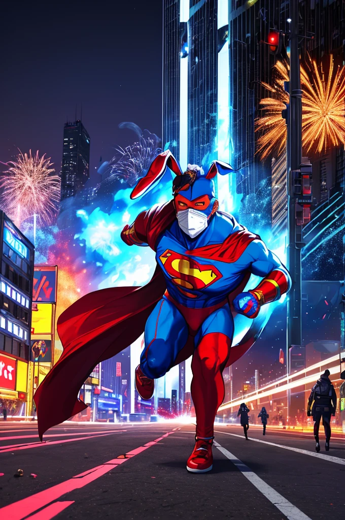 (best quality,highres),apex thug wearing a bunny mask and superman costume,2 bazookas,5 stars flashing above him,video game burning city,night view,gritty and realistic,explosions and smoke,city skyline,flickering neon lights,dynamic action,street chaos in the background,vibrant colors,comic book style