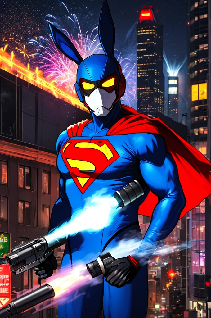 (best quality,highres),apex thug wearing a bunny mask and superman costume,2 bazookas,5 stars flashing above him,video game burning city,night view,gritty and realistic,explosions and smoke,city skyline,flickering neon lights,dynamic action,street chaos in the background,vibrant colors,comic book style