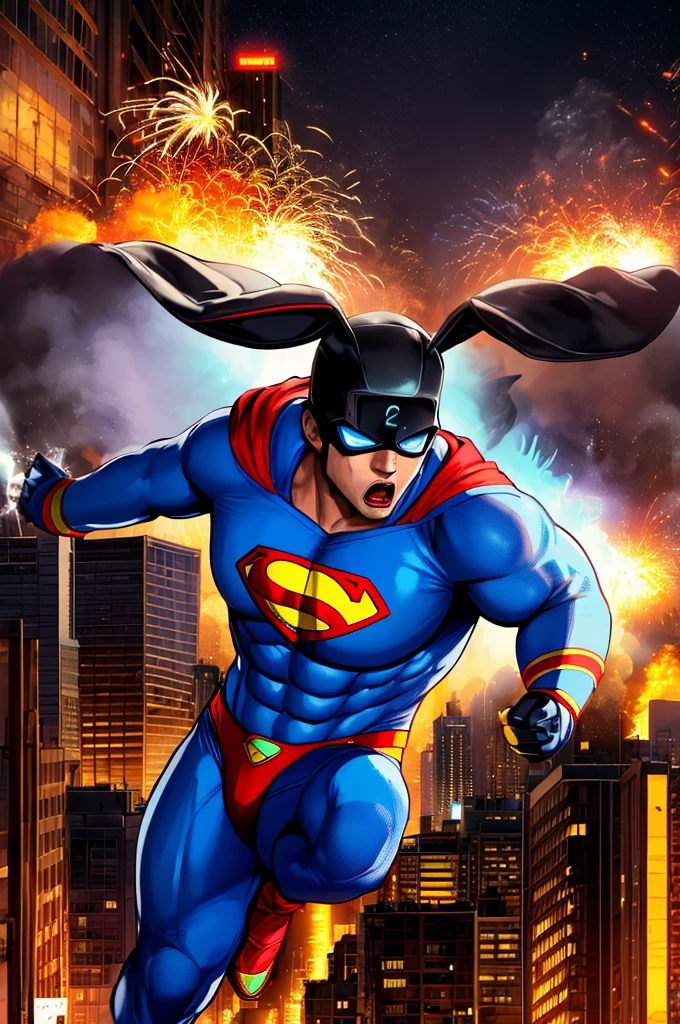 (best quality,highres),apex thug wearing a bunny mask and superman costume,2 bazookas,5 stars flashing above him,video game burning city,night view,gritty and realistic,explosions and smoke,city skyline,flickering neon lights,dynamic action,street chaos in the background,vibrant colors,comic book style