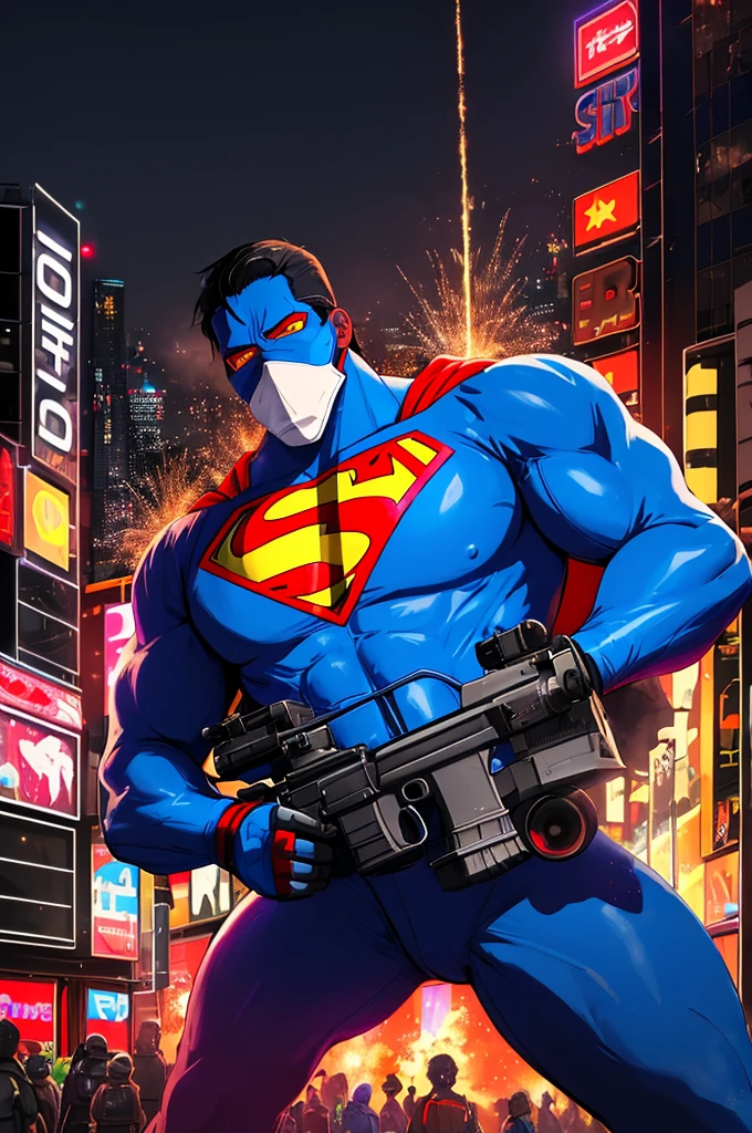 (best quality,highres),apex thug wearing a bunny mask and superman costume,2 bazookas,5 stars flashing above him,video game burning city,night view,gritty and realistic,explosions and smoke,city skyline,flickering neon lights,dynamic action,street chaos in the background,vibrant colors,comic book style