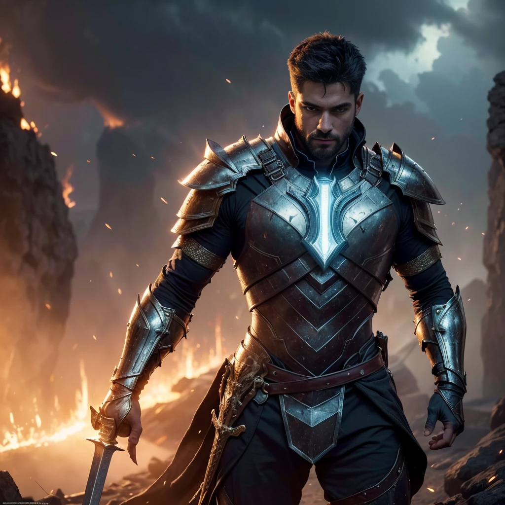 (best quality,4k,8k,highres,masterpiece:1.2),ultra-detailed,(realistic,photorealistic,photo-realistic:1.37),hero of another world,warrior,handsome and powerful,armor,sword,glowing eyes,heroic stance,fiery background,mystical aura,magical effects,rays of light,cinematic,concept artists,vivid colors,dramatic lighting