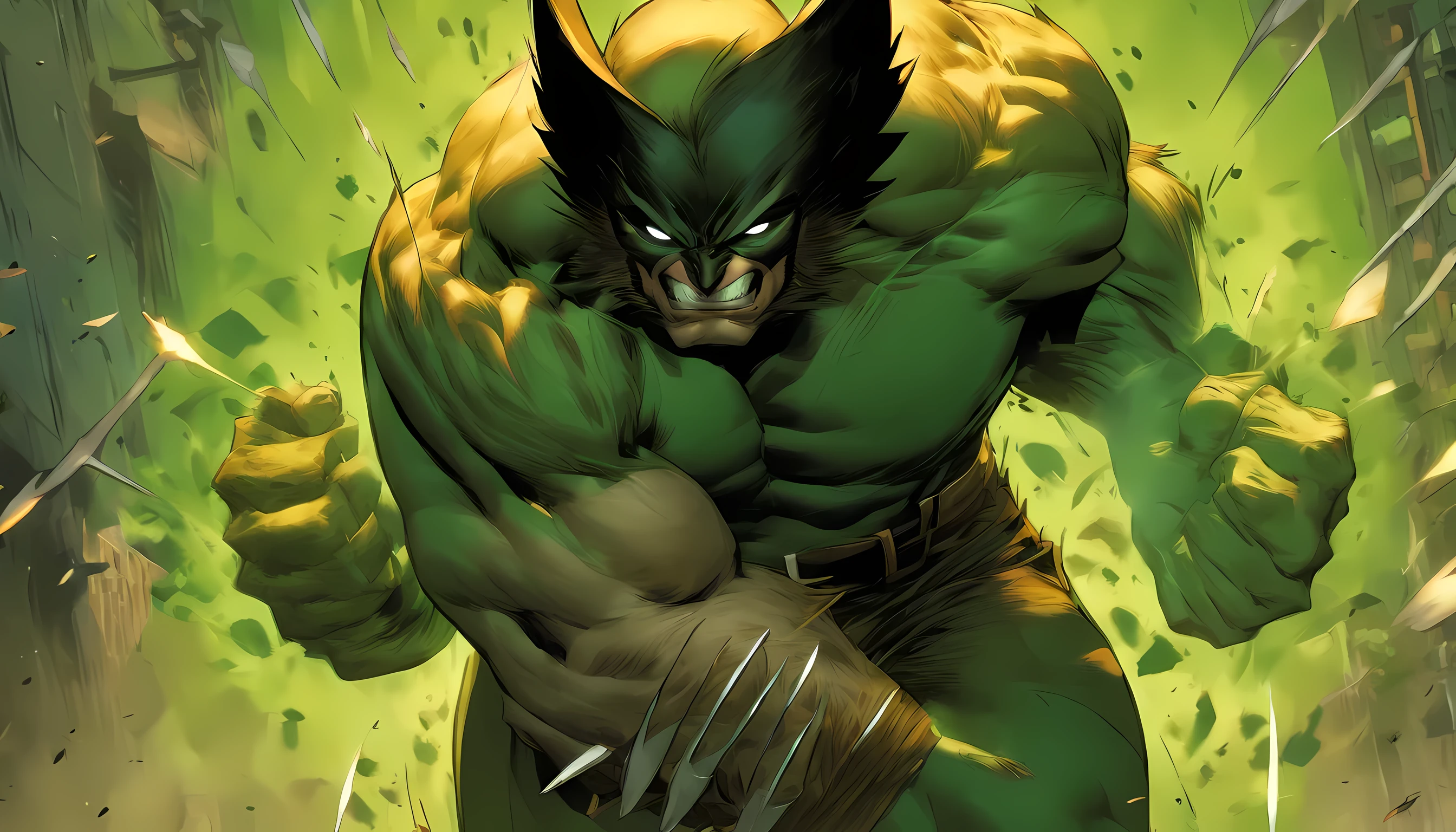 wolverine but have green skin color and muscular body like hulk, standing pose, full-body illustration