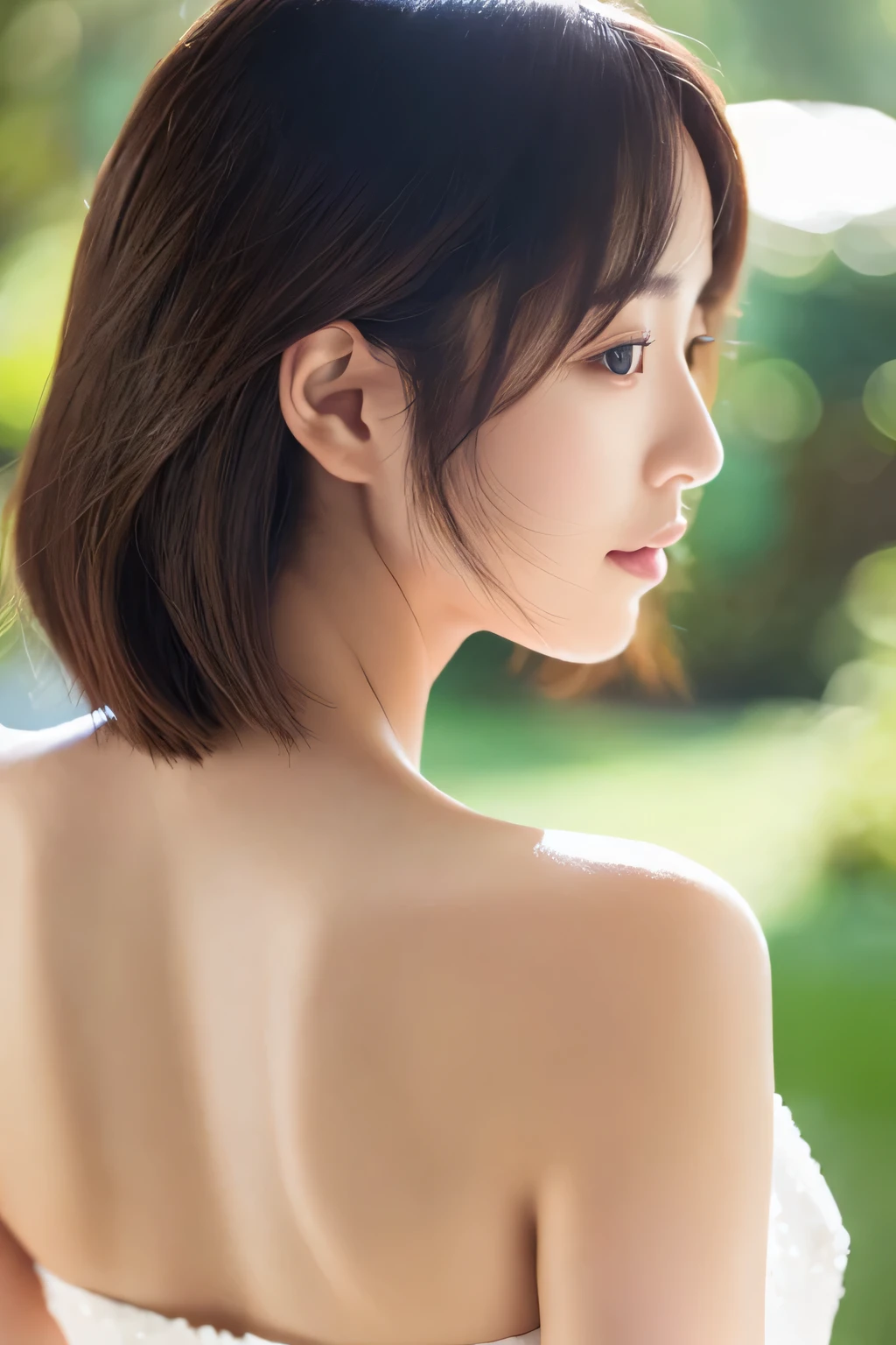 (best image quality)、ultra-realistic capture、19 year old Japanese woman、bob hair、open back dress、(Rear view)、nature光、shiny skin、nature、close up of the back