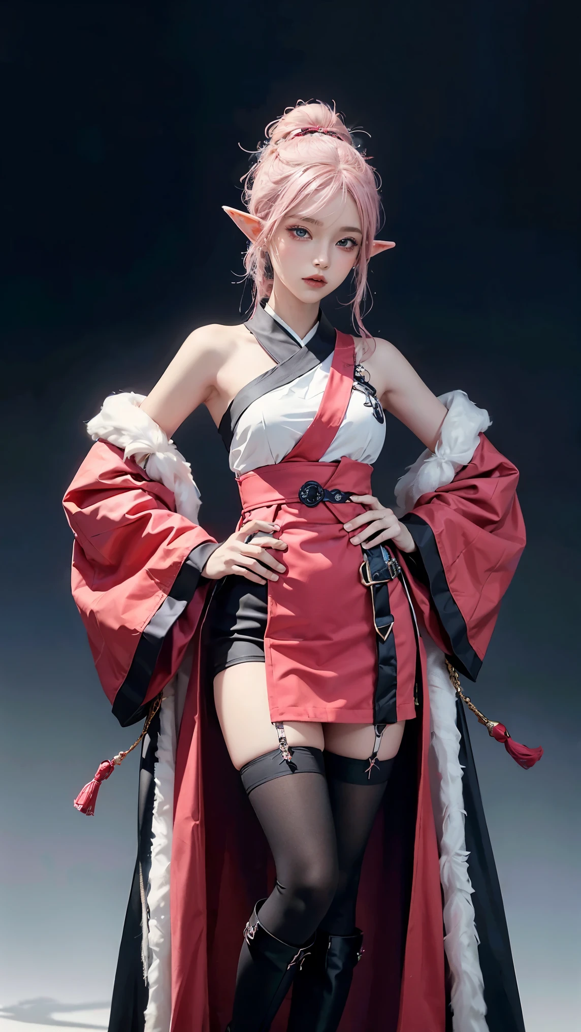 Anime woman character, whole body, Permanently installed, ((design sketches)), (masterpiece),  (Original design), Image of a beautiful elf woman with short pink hair, Wearing antique black japanese kimono &amp;, Toy, Wearing black gloves on each hand, Black stockings and black boots, Dynamic station stereoscopic, warrior, long clothes, blue eyes with pink, Korean