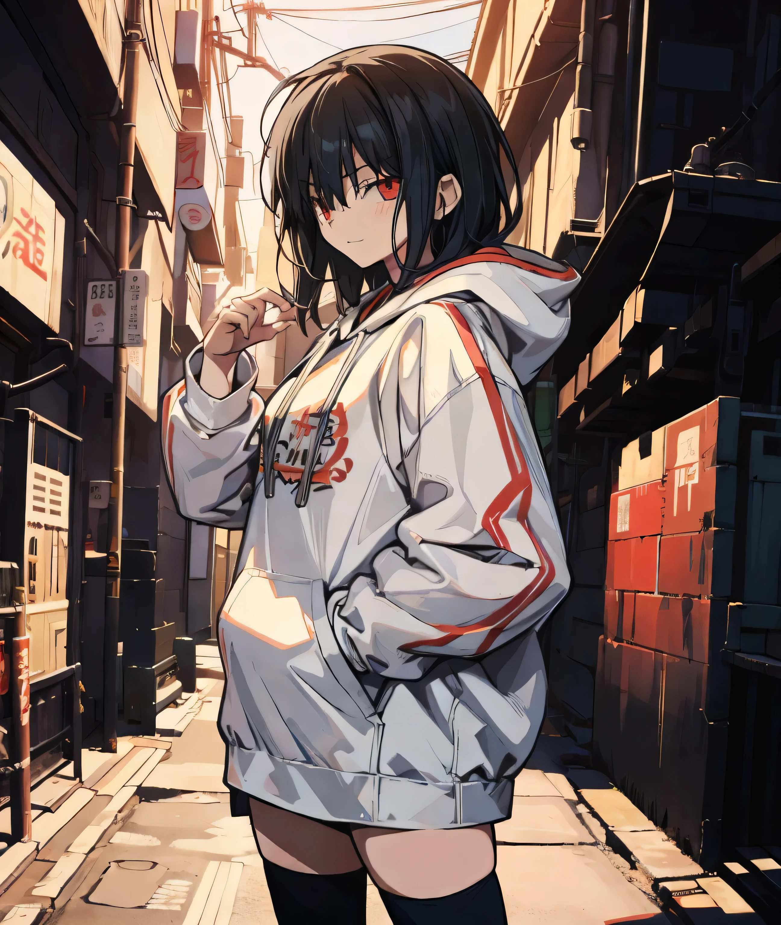 super detailed illustrations,1 girl,(white background),(tachi-e),(Are standing),cowboy shot,hoodie,Thighhighs,Medium unkempt hair,black hair,red eyes,light smile