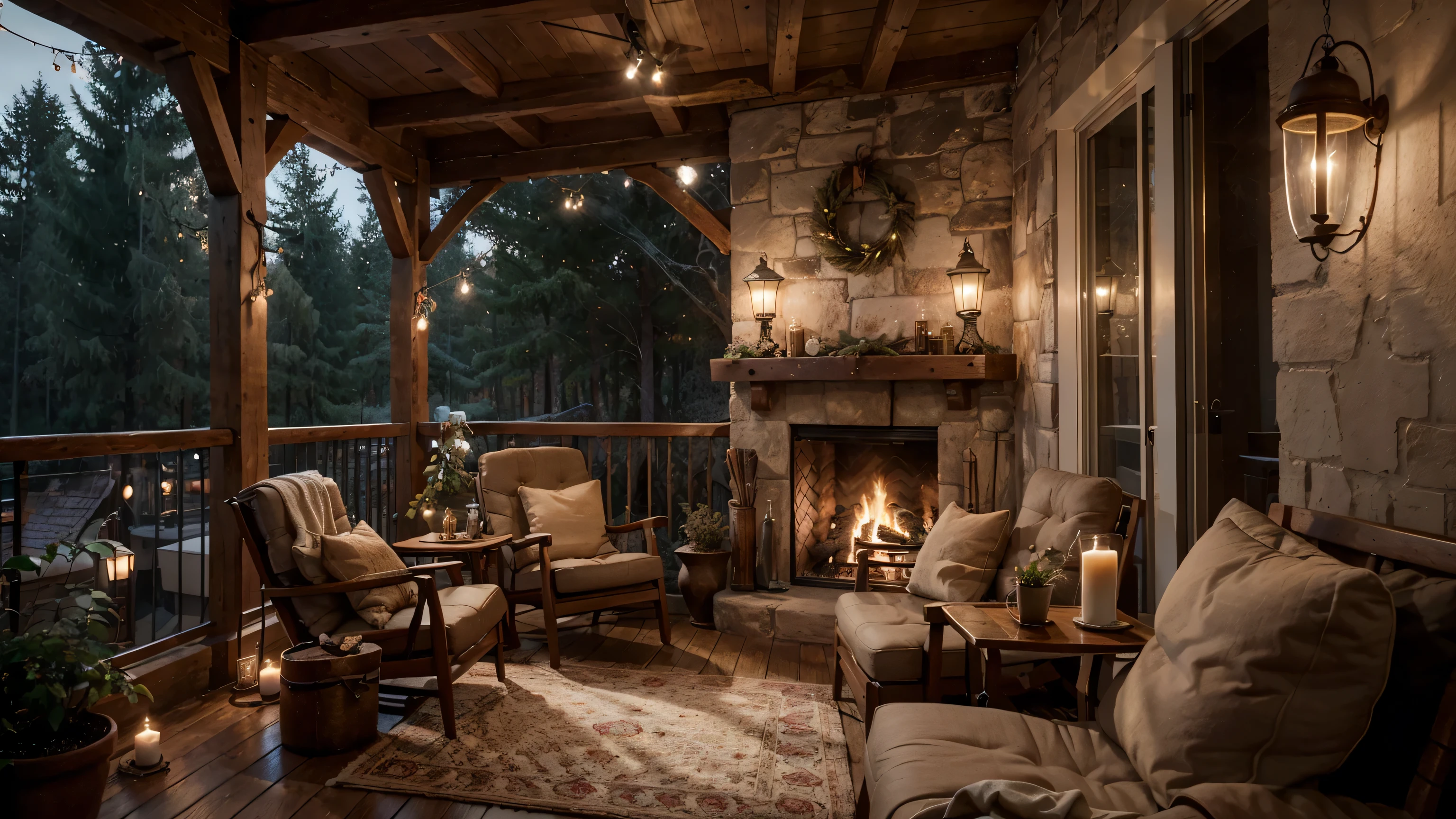balcony outside coffee shop, forest, large tree, with a one fireplace and chairs, winter outside, cozy place, books place, warm beautiful scene, cozy atmospheric, cozy environment, cozy setting, winter setting, cosy enchanted scene, very realistic, cozy atmosphere, cozy and peaceful atmosphere, cozy and calm, beautiful detailed scene, winter time, very very realistic, ✨🕌🌙, cozy wallpaper, unreal engine ; romantic theme