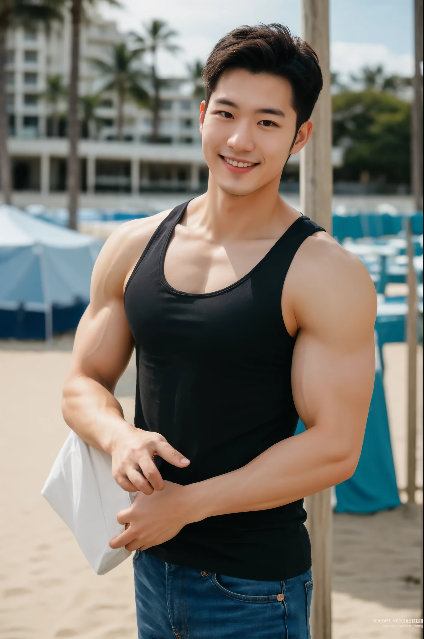 (Create a masterpiece: 1.2),(CGI art:1.3),(realistic:1.5),(After processing:1.3), (Sharp focus:1.3), 1 man, open mouth, smile, (Navy blue round neck shirt), Navy cargo pants, Korean guy , korean men, (High gloss details), chest muscles, large arm muscles, blood vessel, Big muscles, Broad shoulders, looking at the audience, Balancing the eyes, Seaside, beach, sunlight, running towards the camera