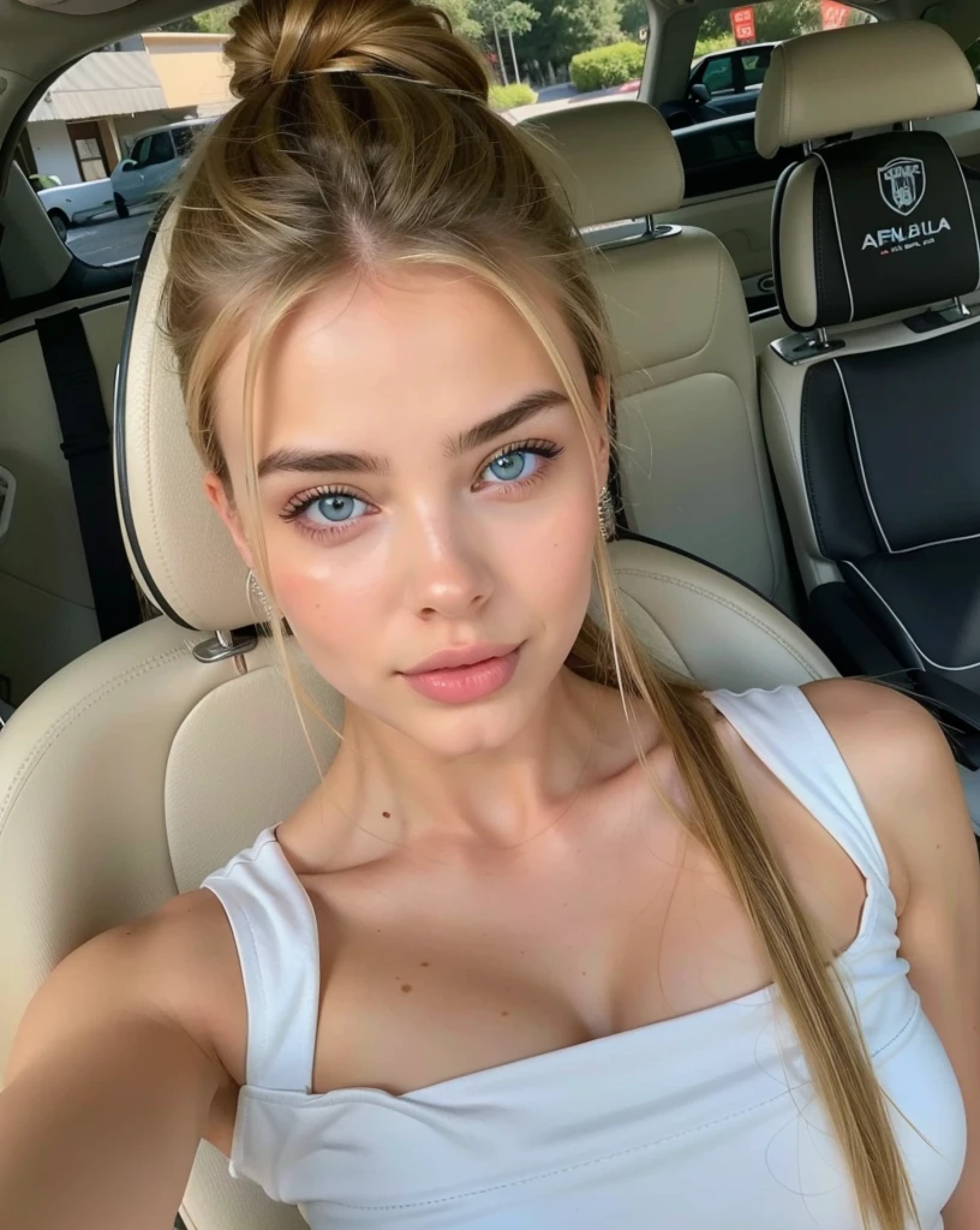 Mujer arafed sentada en un auto con un bolso al hombro., hermosa cara atractiva, Cara extremadamente hermosa, cara perfecta ), cara hermosa y atractiva, sydney sweeney, cabello rubio y ojos azules, la mujer mas bella del mundo, muchacha atractiva, hermosa chica modelo, modelo de instagram, pale, shiny skin, natural soft pale skin, ojos azules y cabello rubio, hermosa modelo femenina