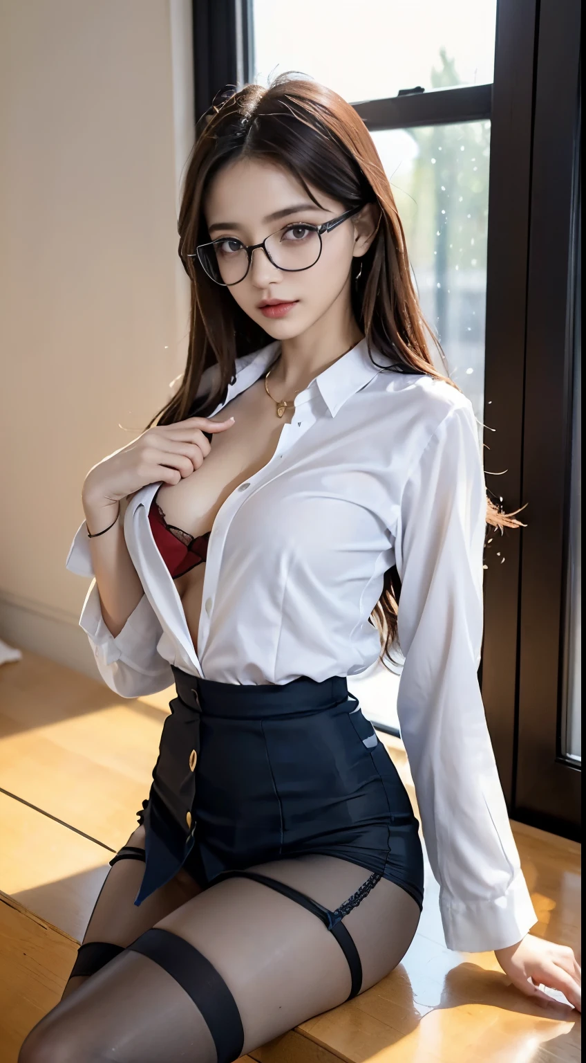 ((highest quality, 8k, masterpiece: 1.3)), clear focus: 1.2, beautiful woman with perfect figure: 1.4, thin abs: 1.2, ((layer cut, : 1.2)), (Open your chest,Wet white button-up long shirt: 1.5), (inside the office, at the window: 1.2), wet body: 1.5, Highly detailed face and skin texture, fine eyes, double eyelid, black lenth stockings,expose cleavage,Photographed from the front,(wear blue lace panties,1.5),blue red bra,Underwear red,(watch,work status label,proof of work hang tag,gold wire glasses,1.5,diamond necklace)black lenth stockings,flat lower abdomen