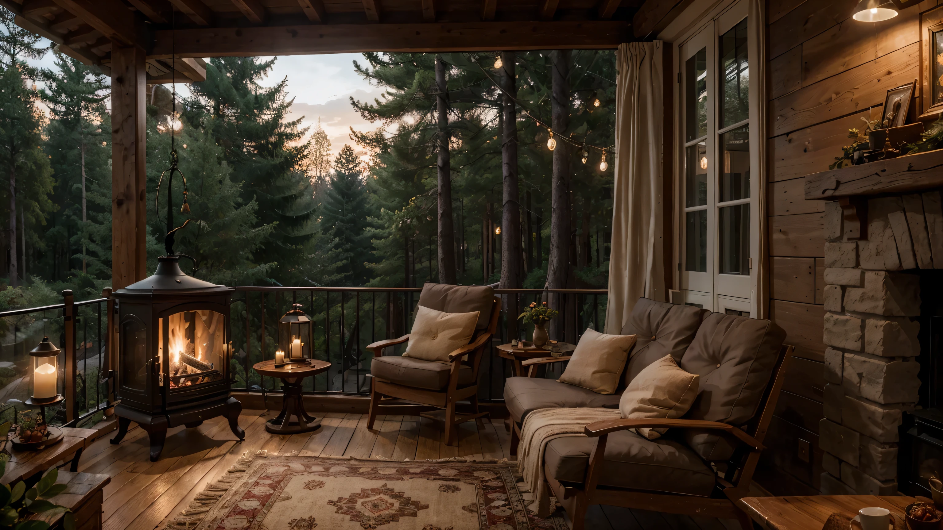 balcony outside coffee shop, forest, large tree, with a one fireplace and chairs, large forest outside, cozy place, books place, warm beautiful scene, cozy atmospheric, cozy environment, cozy setting, winter setting, cosy enchanted scene, very realistic, cozy atmosphere, cozy and peaceful atmosphere, cozy and calm, beautiful detailed scene, winter time, very very realistic, ✨🕌🌙, cozy wallpaper, unreal engine ; romantic theme