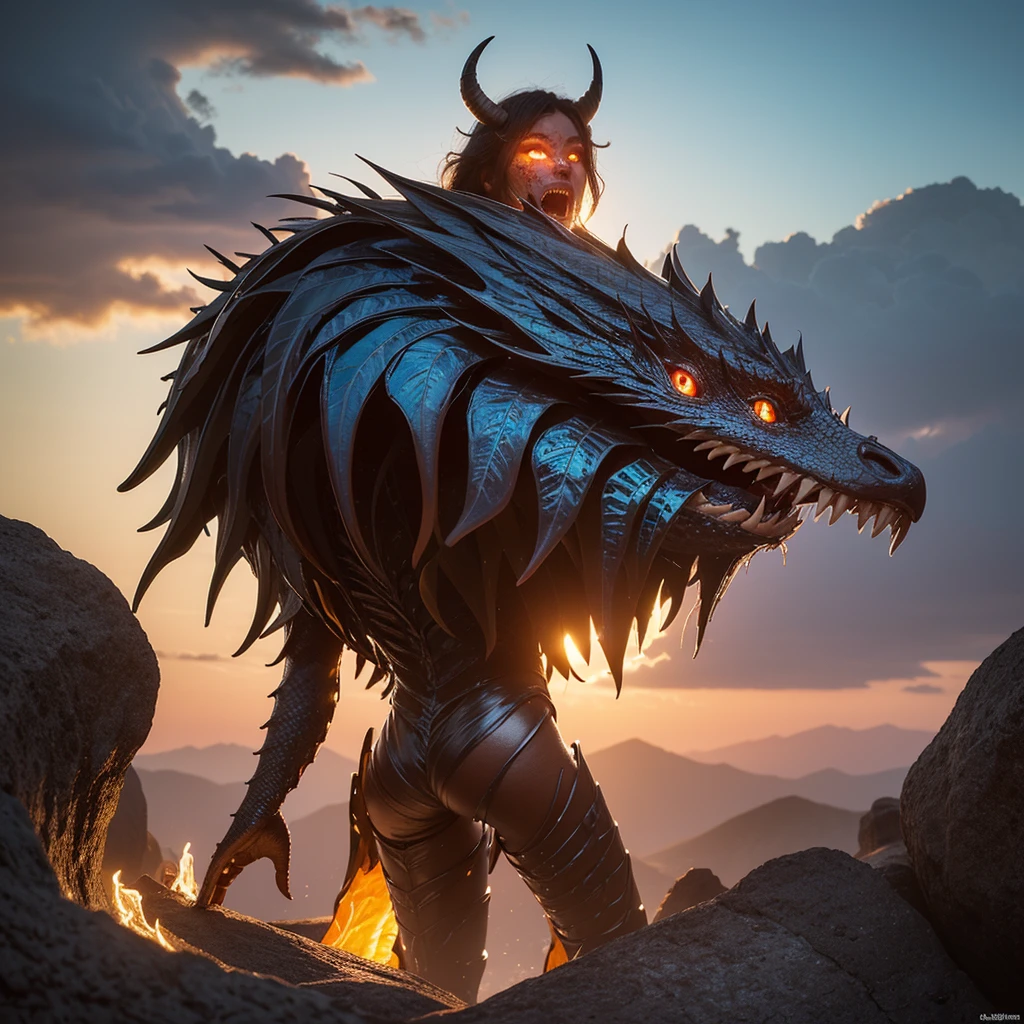 The best quality, masterpiece, super high resolution, no humans, (Length: 1.2), (Fine: 1.2), Serpentine Body, Rational Body Structure Logic, Long Hair, Sharp Teeth, Red Eyes, Teeth, Giant, 1 Girl, Bird, Outdoor, Standing, Scales, Clouds, Horns, From Behind, Armor, Sky, Open Mouth, Confrontation, Charge, Monster, Size Difference, White Hair, Buildings, Valley, (Realistic Textures: 1.2), (Glowing Multicolored Scales: 1.2), (Realistic Details: 1.2), ([Front | Side] :1.1), HDR, ultra-refined 3D modeling, as magical as the style paintings painted by Tim Burton, Dale Chihuly, Xiaolongcheng, Cyril Rolando and other authors such as Jr. Gigue. Shadows and lighting intertwine to create brilliant effects.