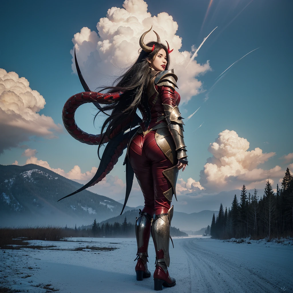 The best quality, masterpiece, super high resolution, no humans, (Length: 1.2), (Fine: 1.2), Serpentine Body, Rational Body Structure Logic, Long Hair, Sharp Teeth, Red Eyes, Teeth, Giant, 1 Girl, Bird, Outdoor, Standing, Scales, Clouds, Horns, From Behind, Armor, Sky, Open Mouth, Confrontation, Charge, Monster, Size Difference, White Hair, Buildings, Valley, (Realistic Textures: 1.2), (Glowing Multicolored Scales: 1.2), (Realistic Details: 1.2), ([Front | Side] :1.1), HDR, ultra-refined 3D modeling, as magical as the style paintings painted by Tim Burton, Dale Chihuly, Xiaolongcheng, Cyril Rolando and other authors such as Jr. Gigue. Shadows and lighting intertwine to create brilliant effects.