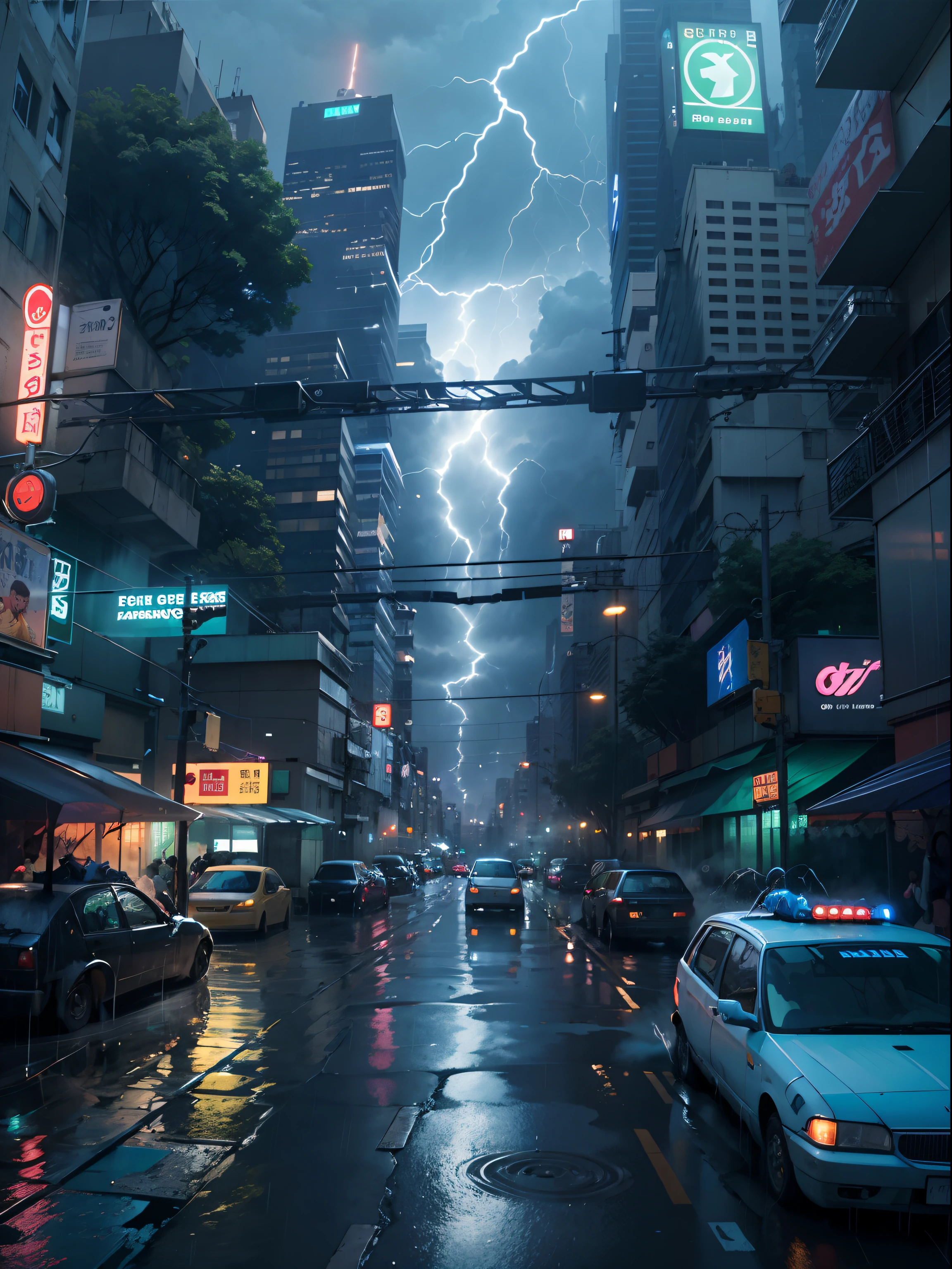 1 boy,a 13 year old boy、wet、Cyberpunk boy、The beginning of the adventure、(get wet:2)、(lightning:1.5)、many clouds,Dense fog、FOG,chaotic city of the future、movie dystopia、A group of very tall skyscrapers stands in the center、Very complex cityscape,Crowded Chinese skyscrapers、street sign、street lamp、taxi、bus、train、blue light,dark road、Lots of puddles、chaotic、Beautiful and dreamy scenery、movie scene、high quality、on the table,8K、high resolution、