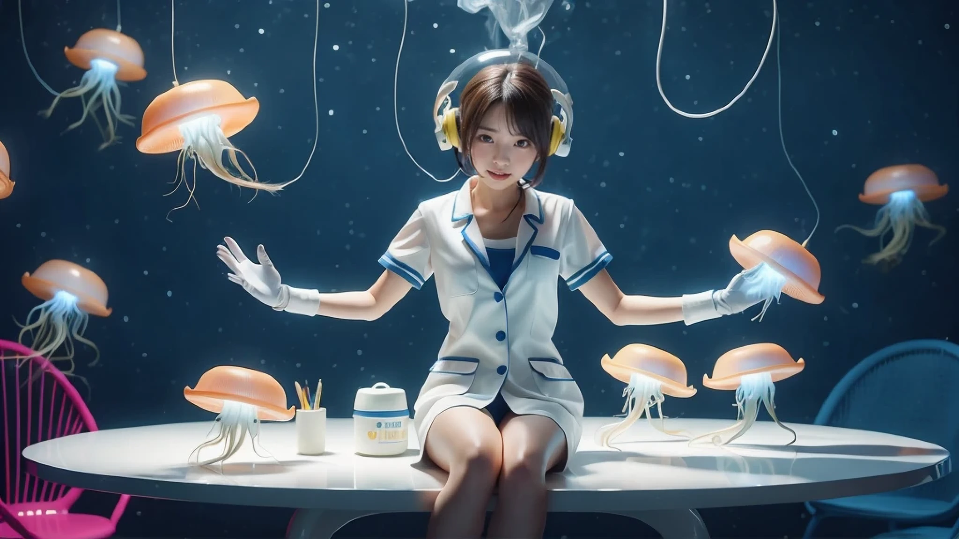 Near future、Female researcher sitting on a chair with a jellyfish in hand、(A translucent jellyfish-like space creature that shines in seven colors appears next to the woman..)、colorful,(masterpiece:1,2), highest quality, masterpiece, High resolution, original, highly detailed wallpaper, 1 girl ,smile,alone, original_clothing,Dress like work clothes, gloves, chest, uniform, large chest, creatures of space、short hair woman、Asian female researchers、A female researcher who conspires with aliens to commit evil acts..、wolf cut hair、jellyfish collector、赤いgloves、A translucent jellyfish is flying behind、