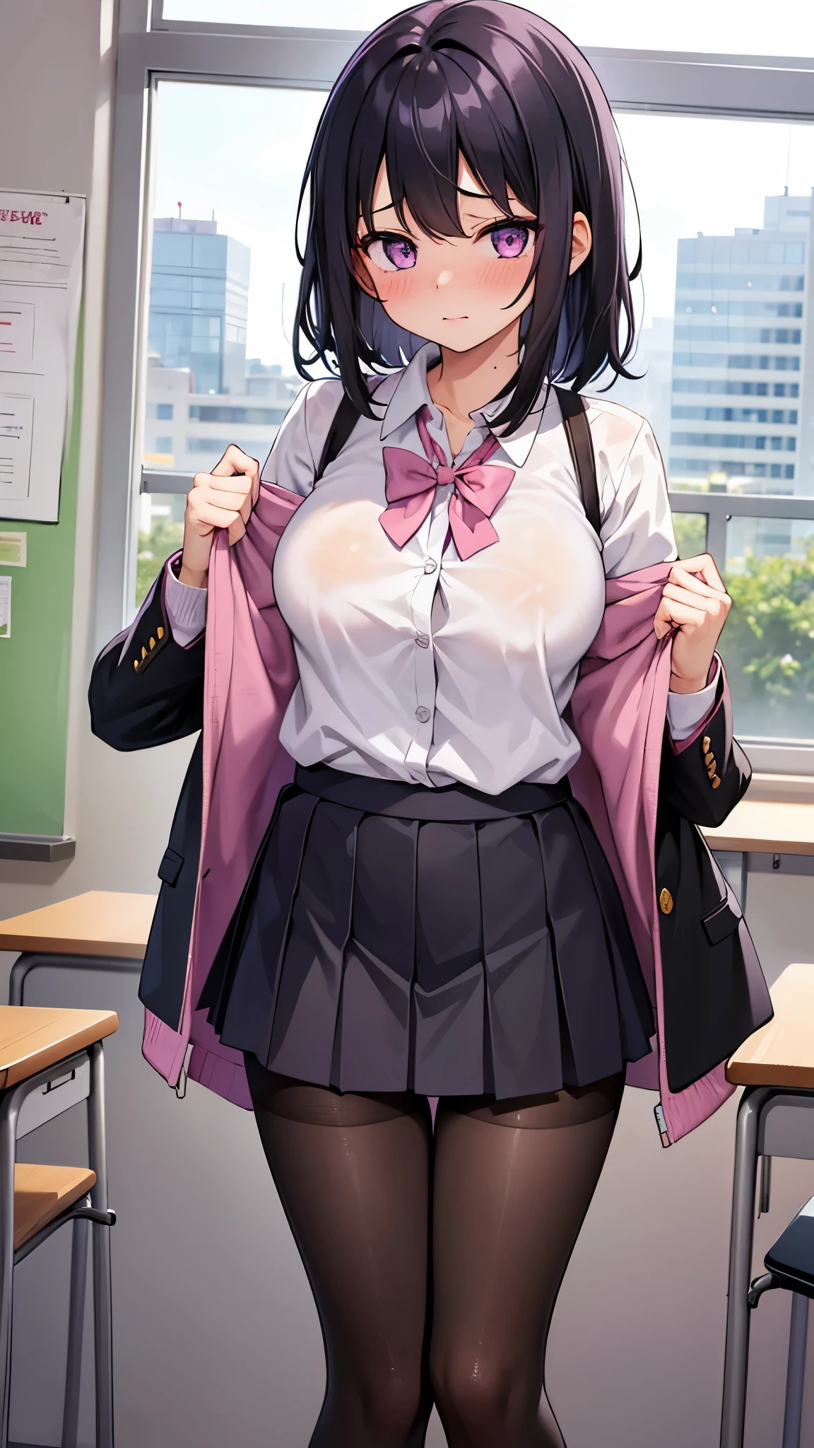 One girl, standing, school uniform, black tights, black hair, medium hair, purple eyes, embarrassed face, blush, pink panties, pink bra, changing clothes, taking off school uniform, classroom