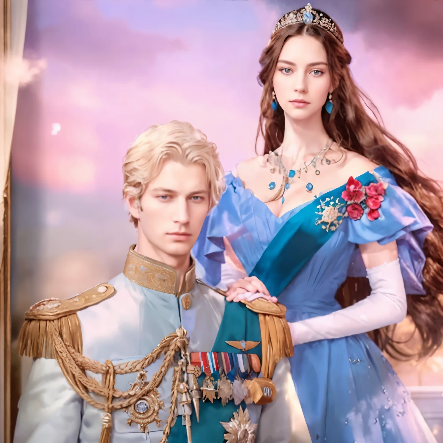 a close up of a person in a dress and a man in a uniform. a princess with long wavy black hair, bluish green eyes, wearing a blue dress, and she and her husband who is a navy admiral with blue eyes, and short blonde hair. they are in their early 20s. imperial royal elegant clothing, royal elegant pose, royal portrait, delicate androgynous prince, beautiful androgynous prince, royal style, imperial portrait, royal portrait painting, queen and ruler of the universe, royal emperor, royality, royalty kingdom, aristocratic appearance, a beautiful fantasy empress